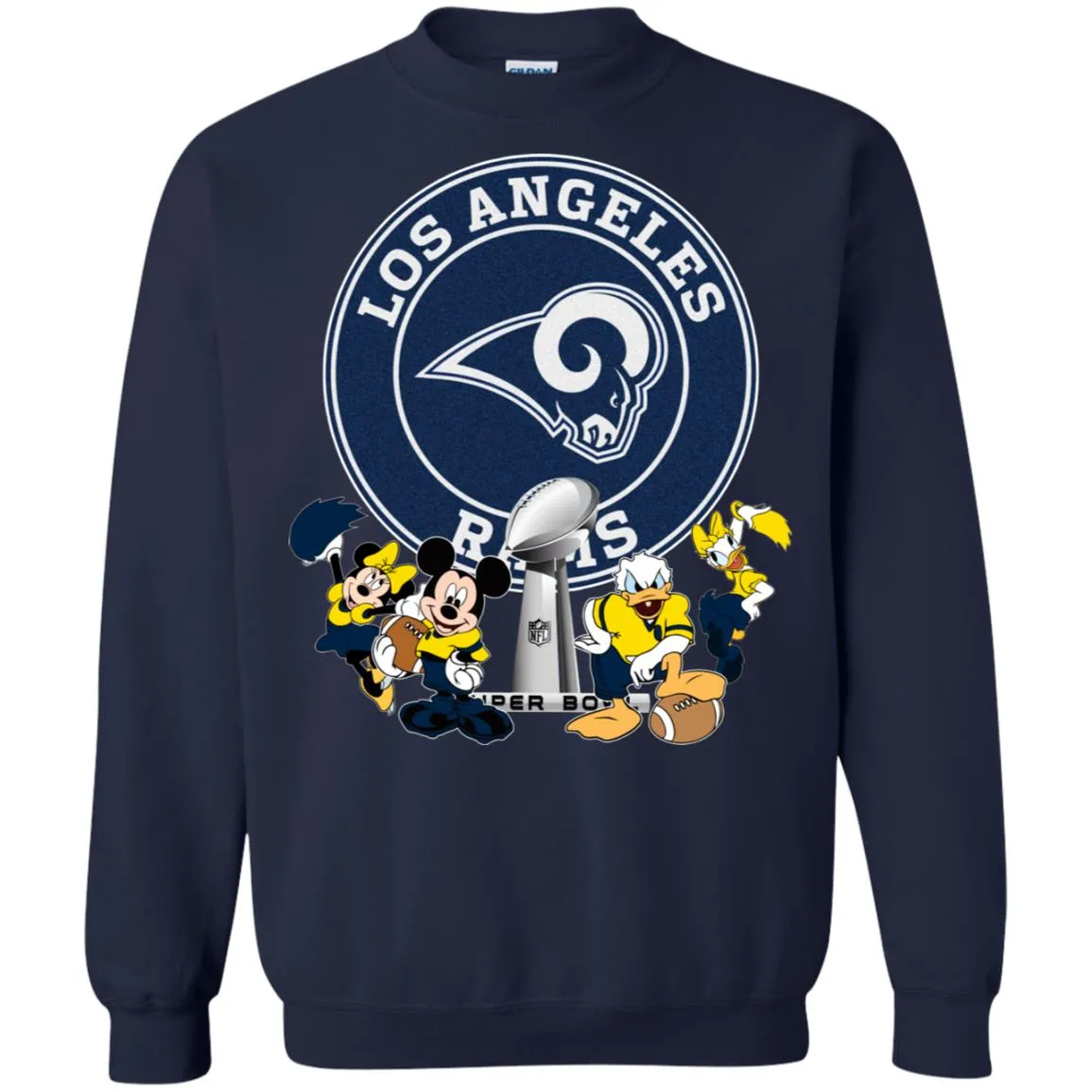 Nfl – Los Angeles Rams Super Bowl 2019 Mickey Mouse Minnie Mouse Donald Duck Daisy Duck Football Crewneck Pullover Sweatshirt