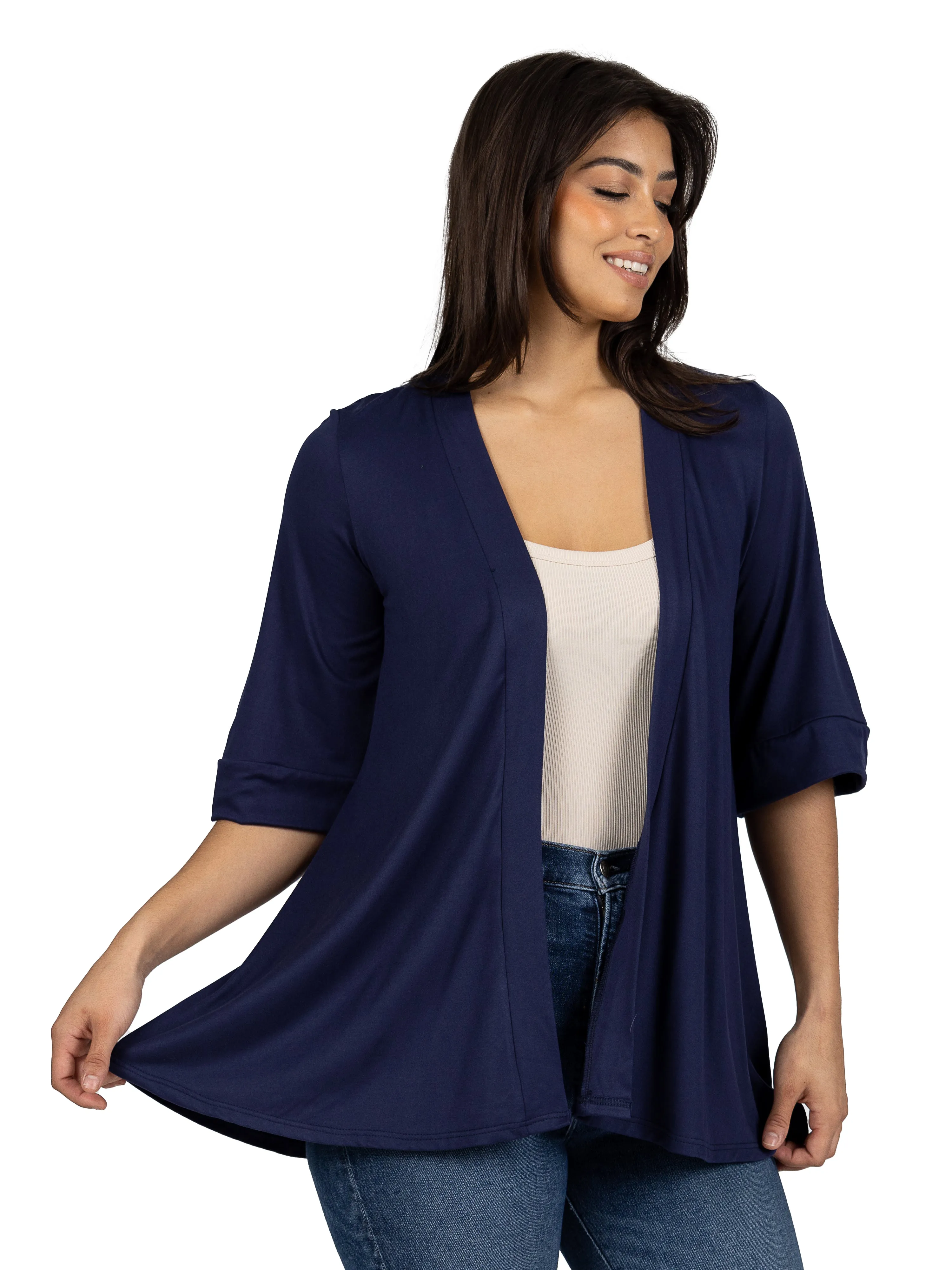 Open Front Elbow Length Sleeve Womens Cardigan