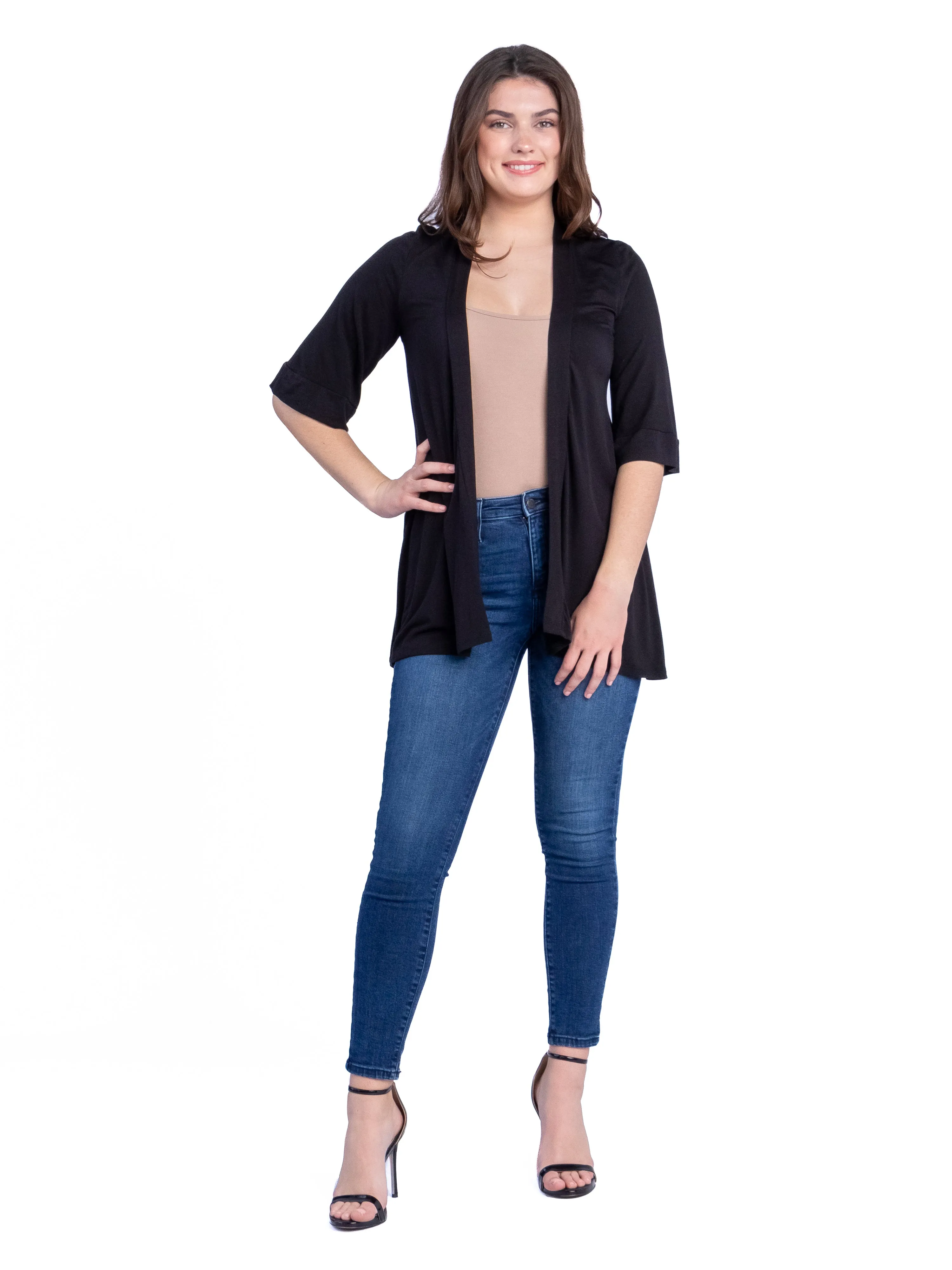 Open Front Elbow Length Sleeve Womens Cardigan