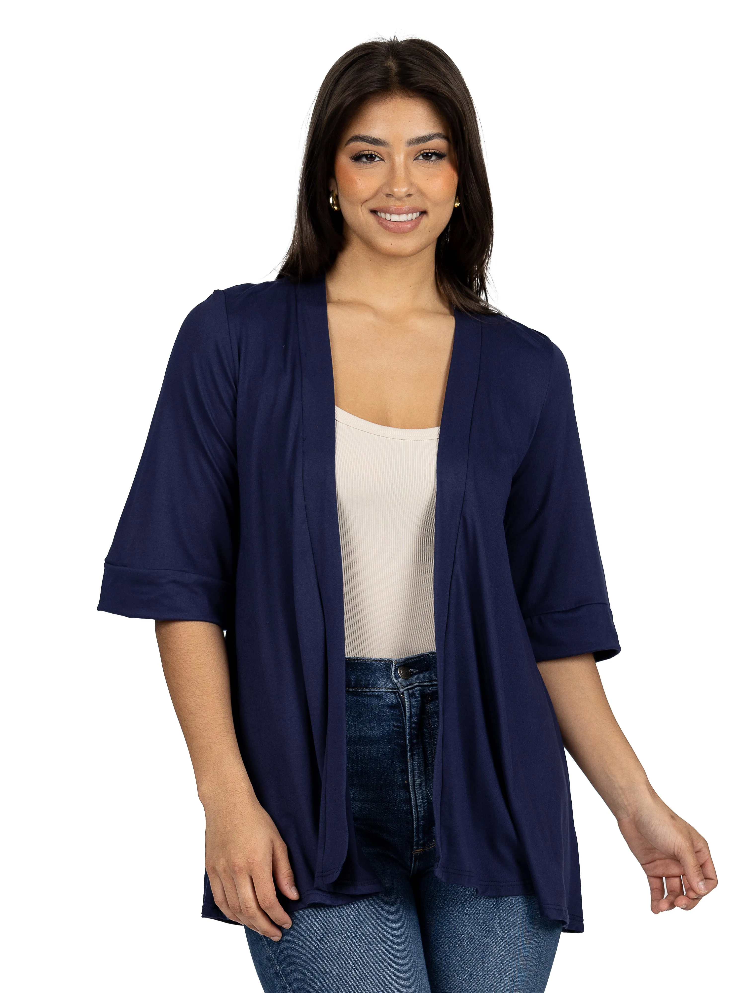 Open Front Elbow Length Sleeve Womens Cardigan