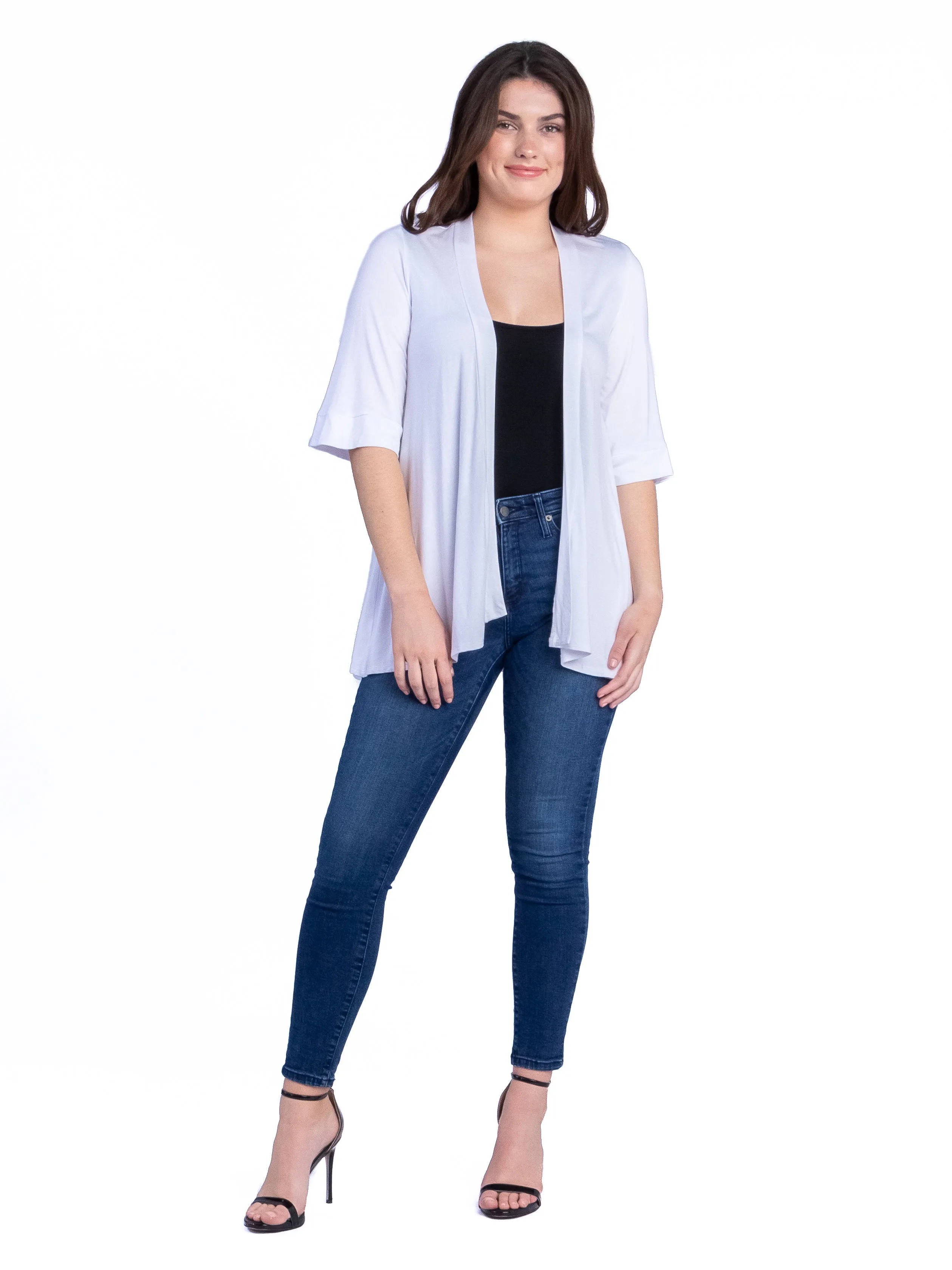 Open Front Elbow Length Sleeve Womens Cardigan