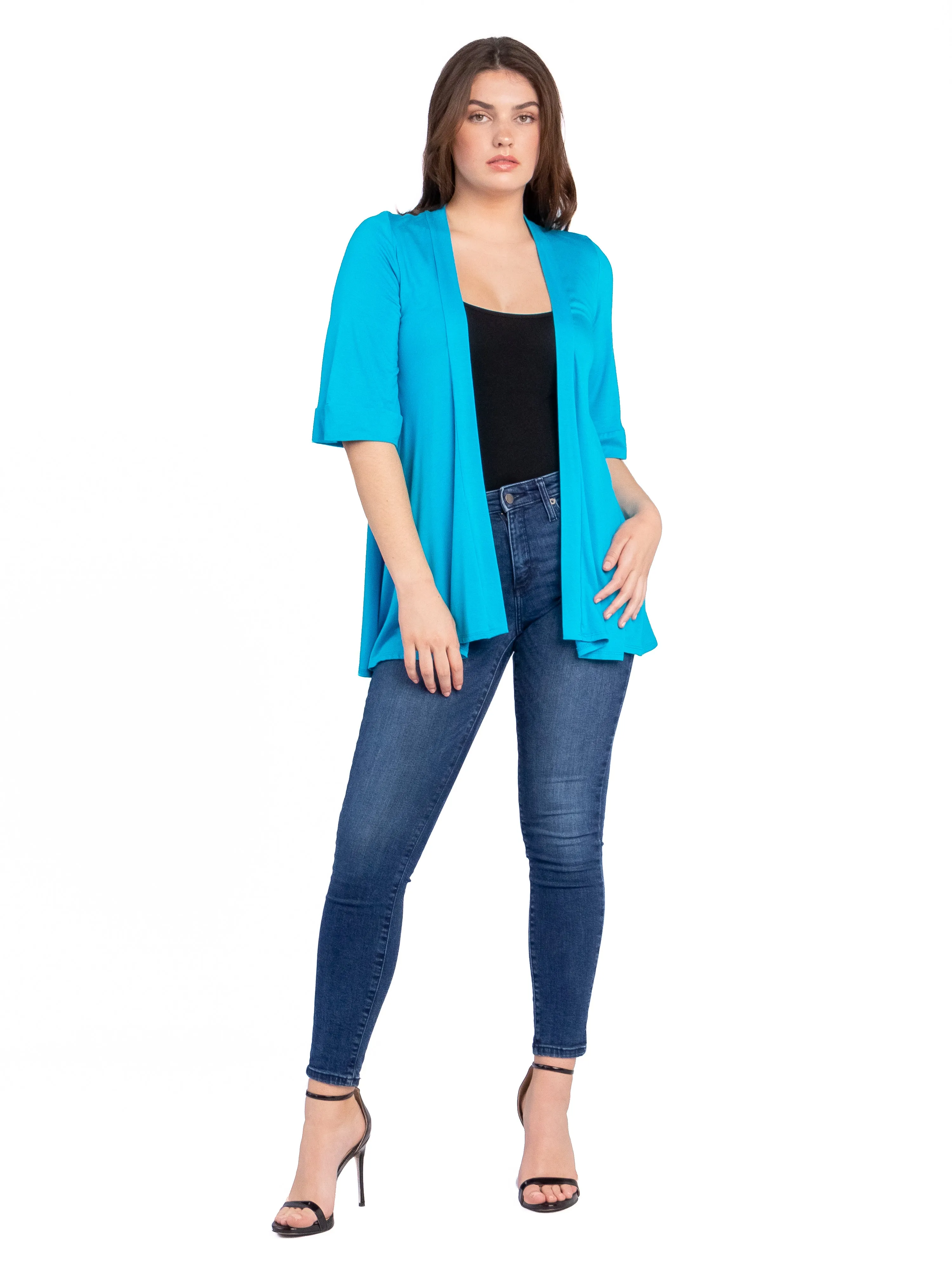 Open Front Elbow Length Sleeve Womens Cardigan