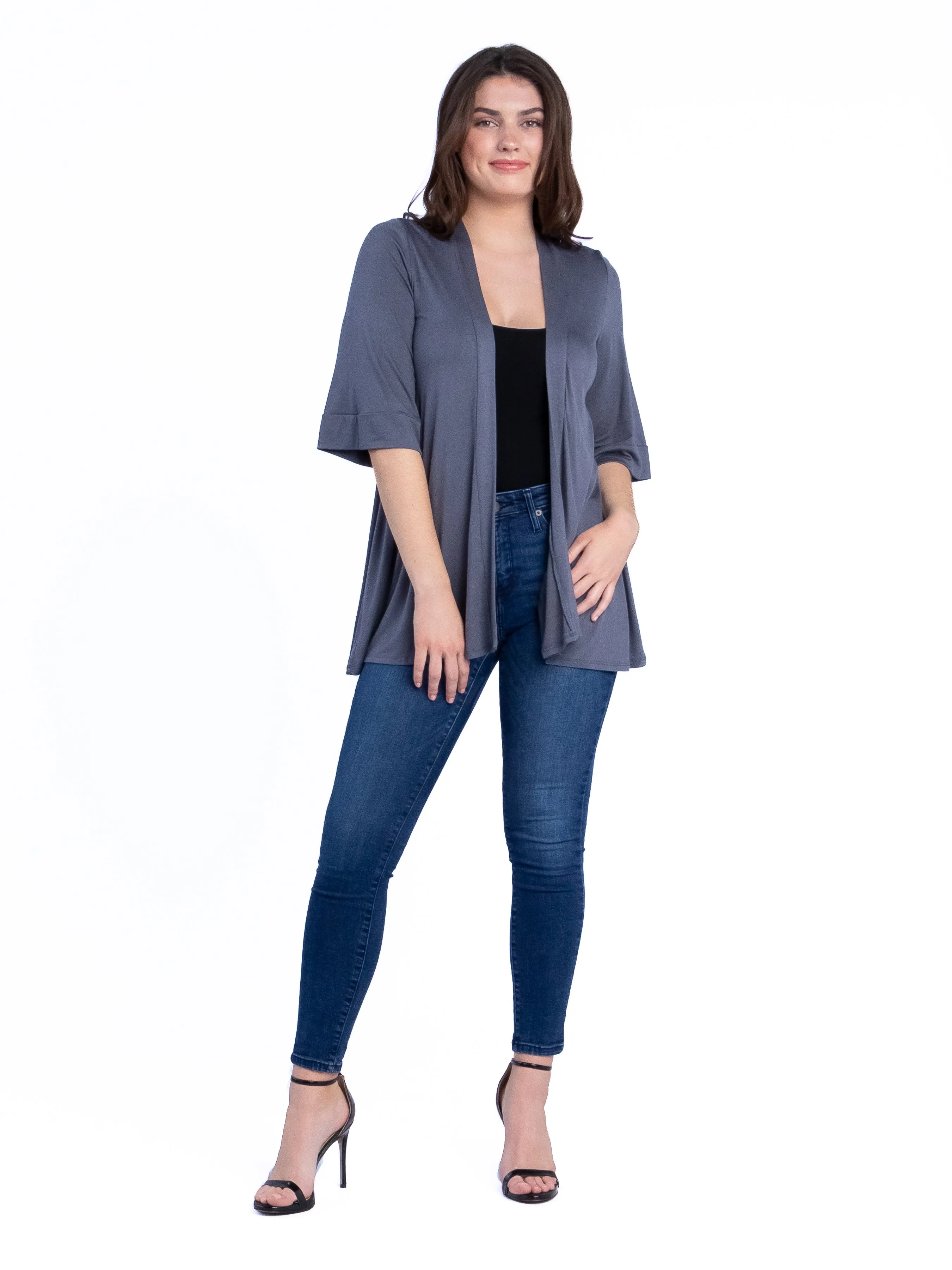 Open Front Elbow Length Sleeve Womens Cardigan