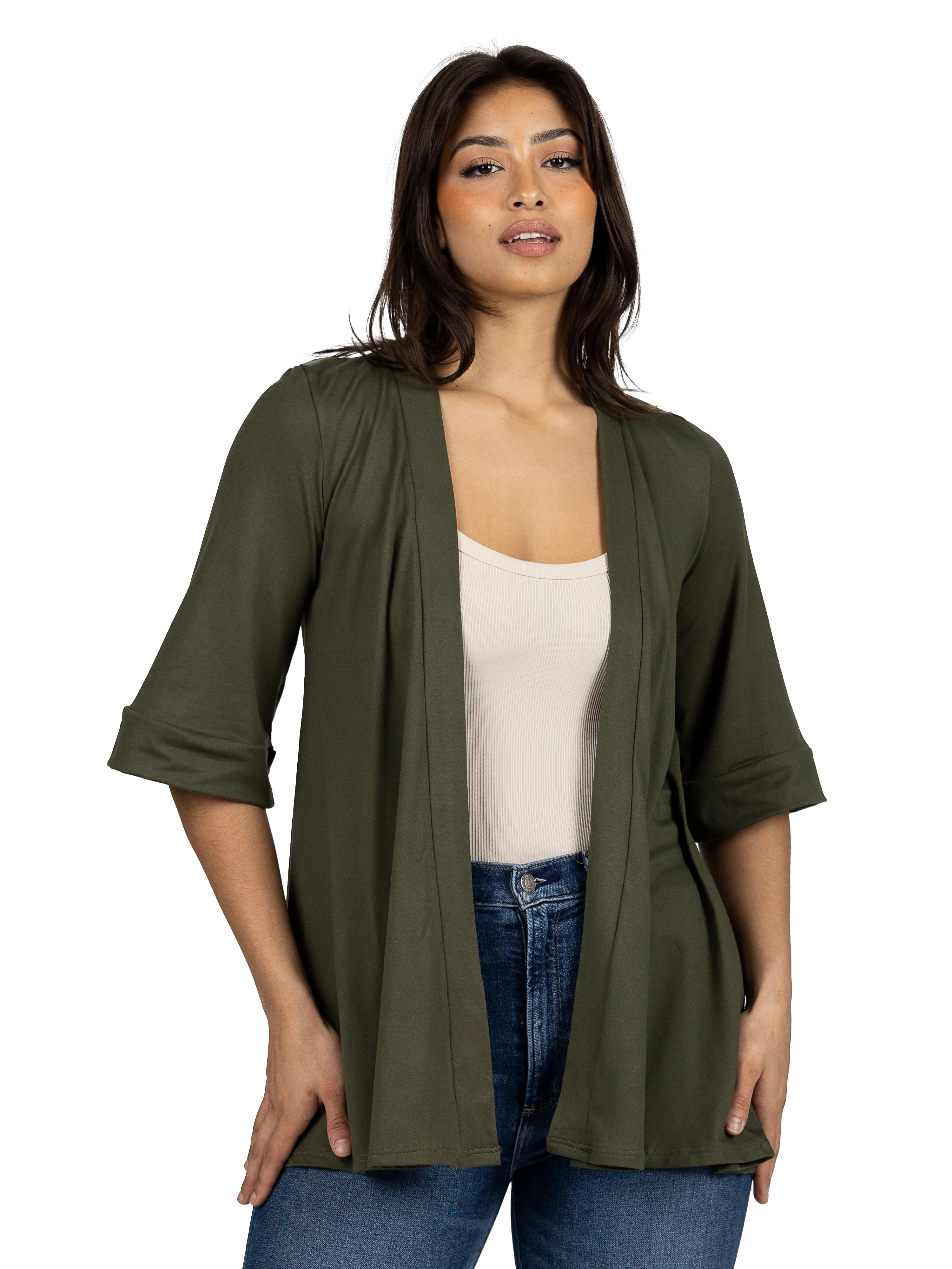 Open Front Elbow Length Sleeve Womens Cardigan