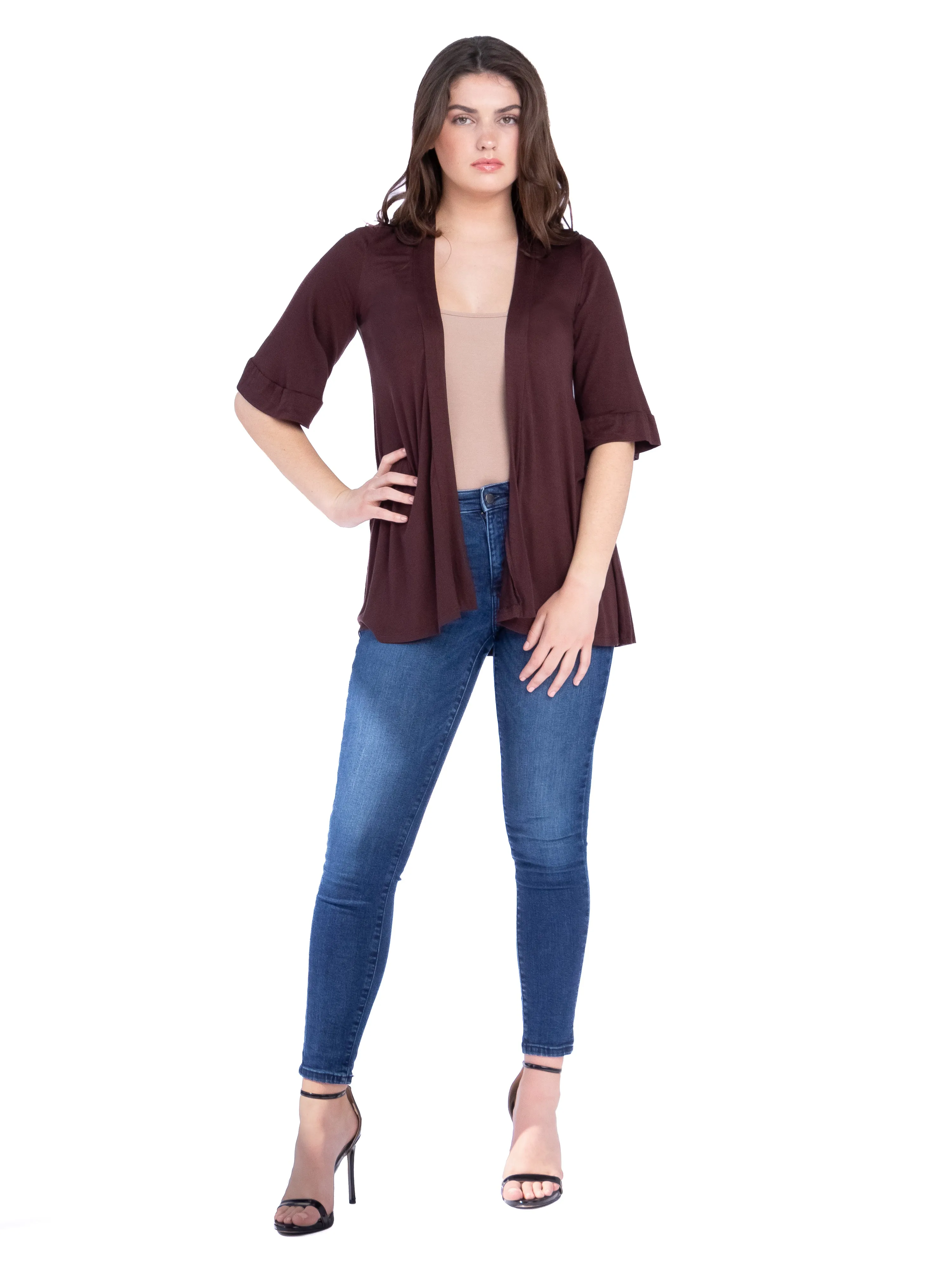 Open Front Elbow Length Sleeve Womens Cardigan