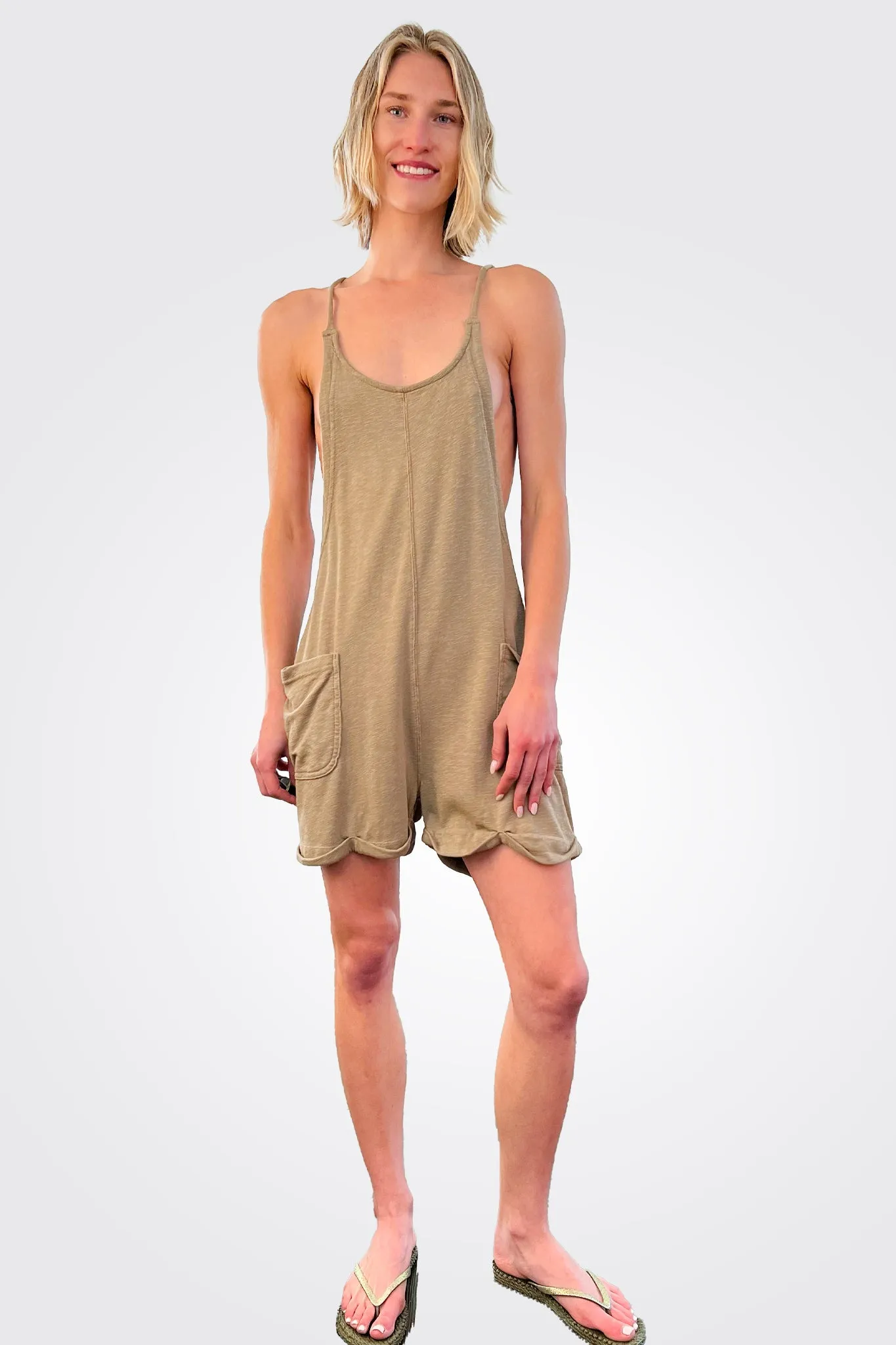 Overall Pocket Romper - Basil