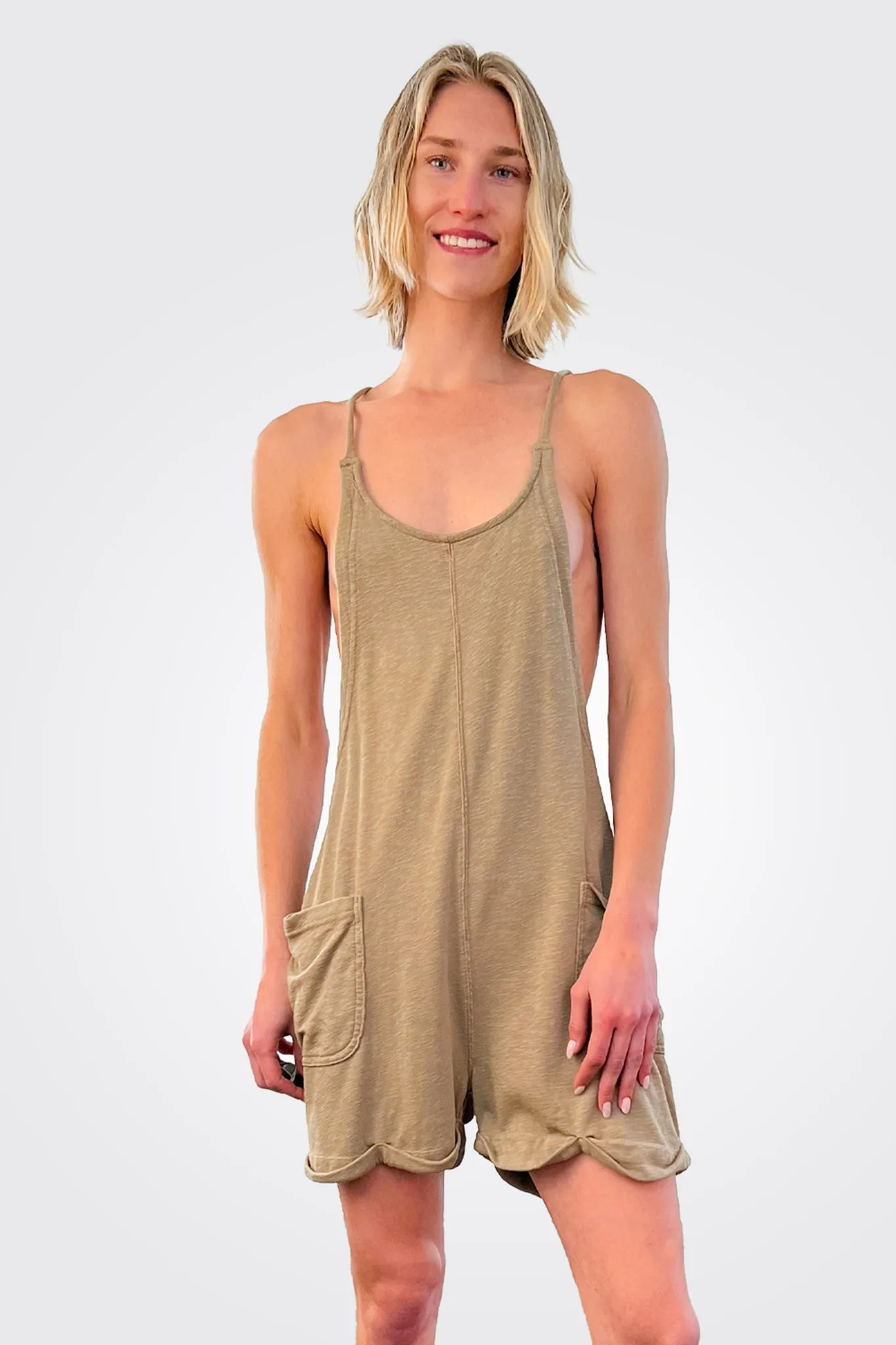 Overall Pocket Romper - Basil