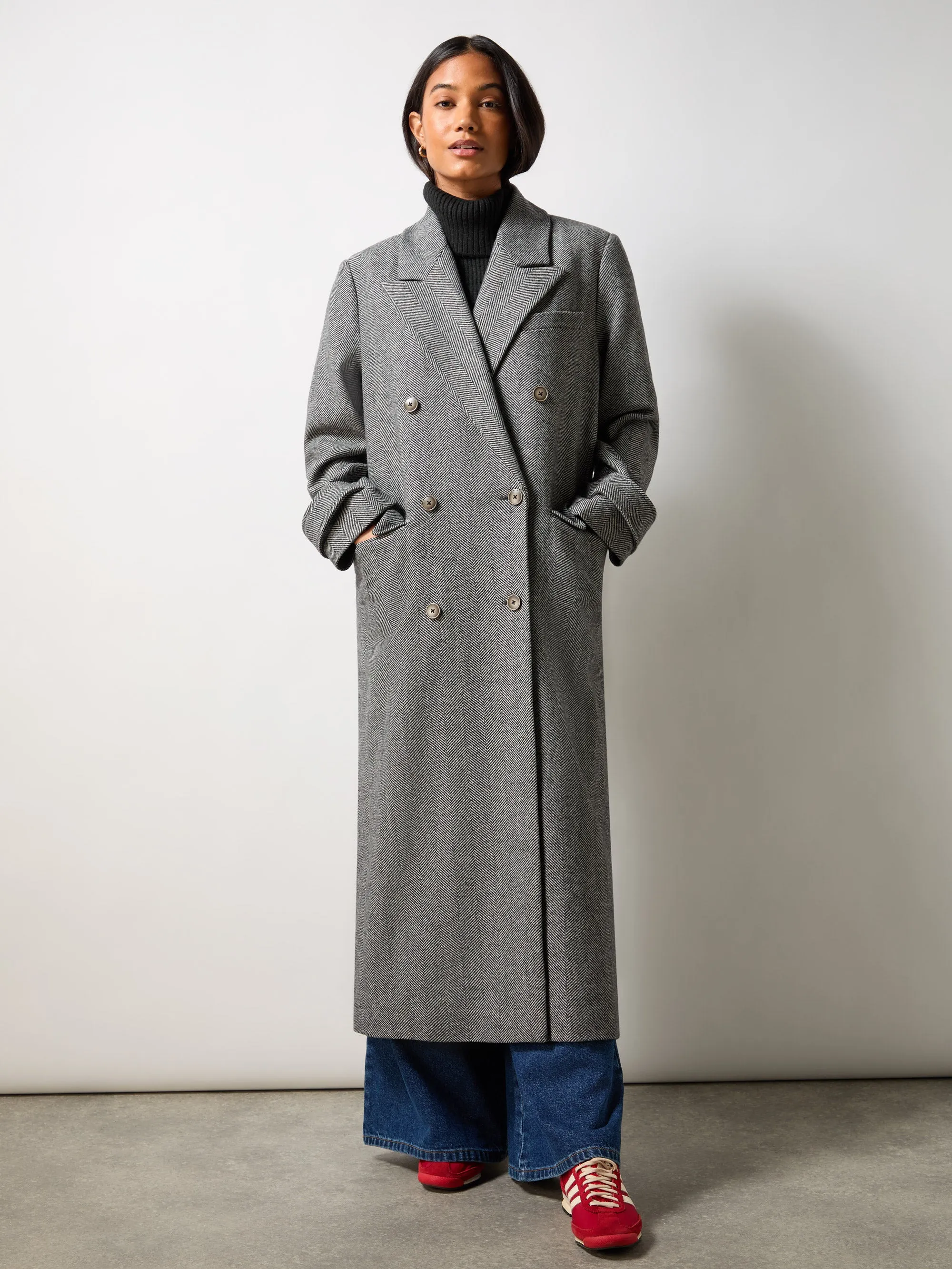 Oversized Herringbone Wool Blend Coat