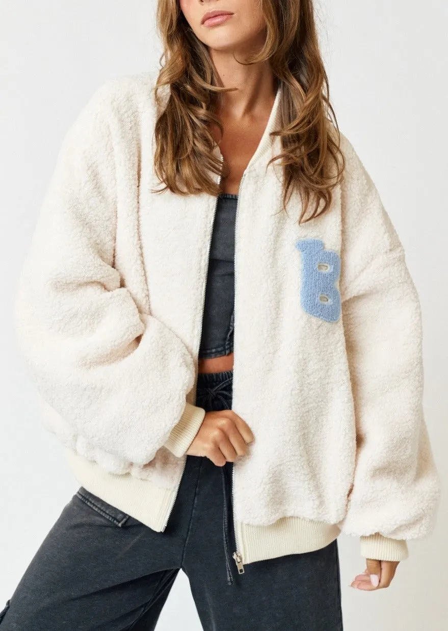 Oversized Sherpa Baseball Jumper -Ivory