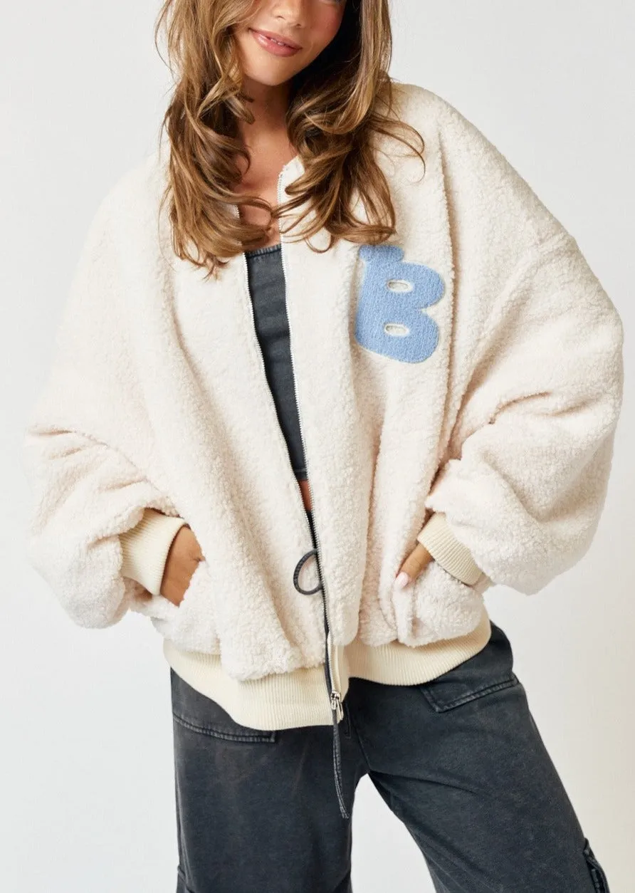 Oversized Sherpa Baseball Jumper -Ivory