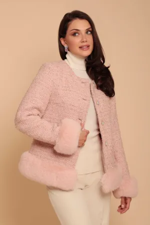 'Parisienne' Wool Tweed Blazer Coat with Faux Fur in Rosa