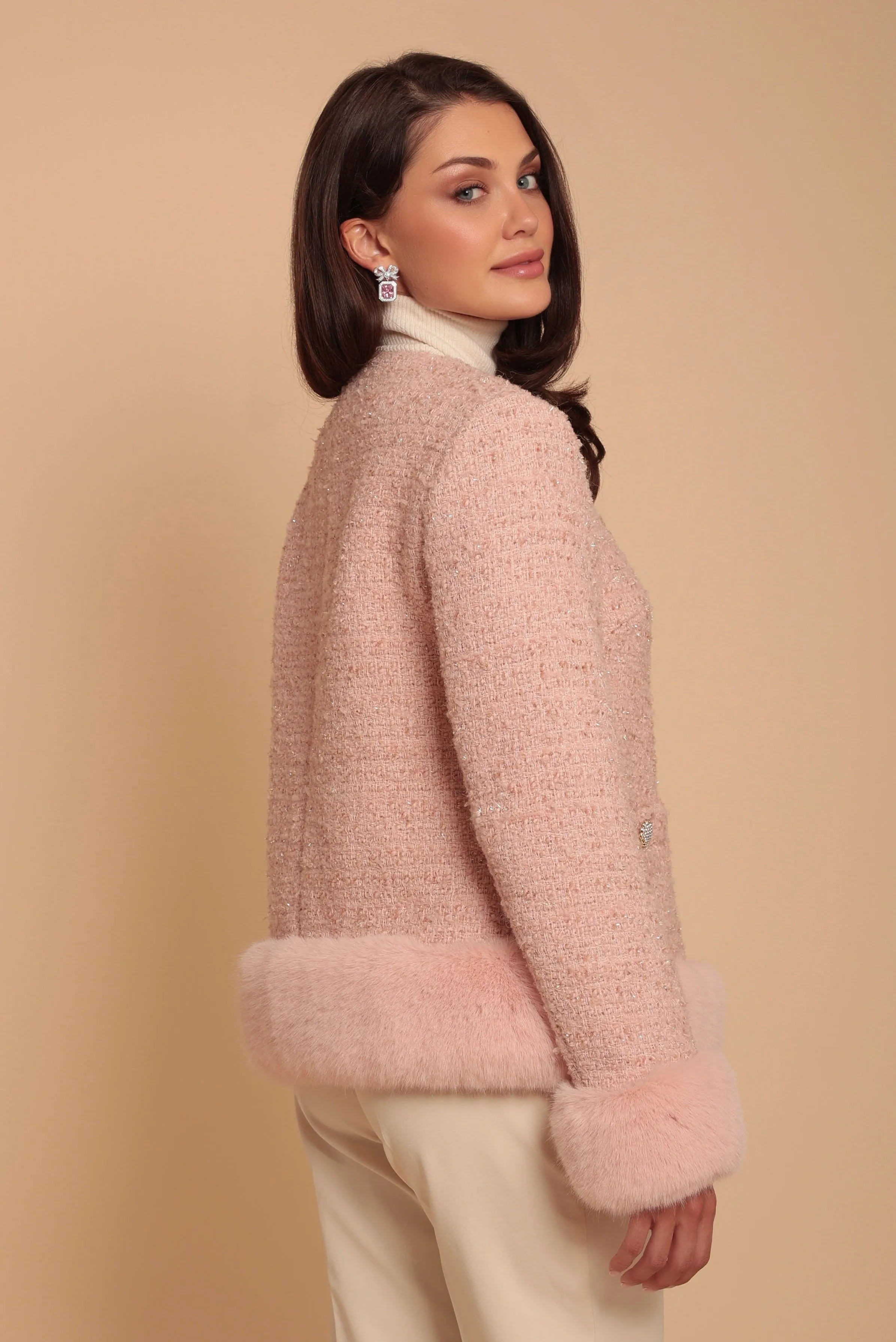 'Parisienne' Wool Tweed Blazer Coat with Faux Fur in Rosa