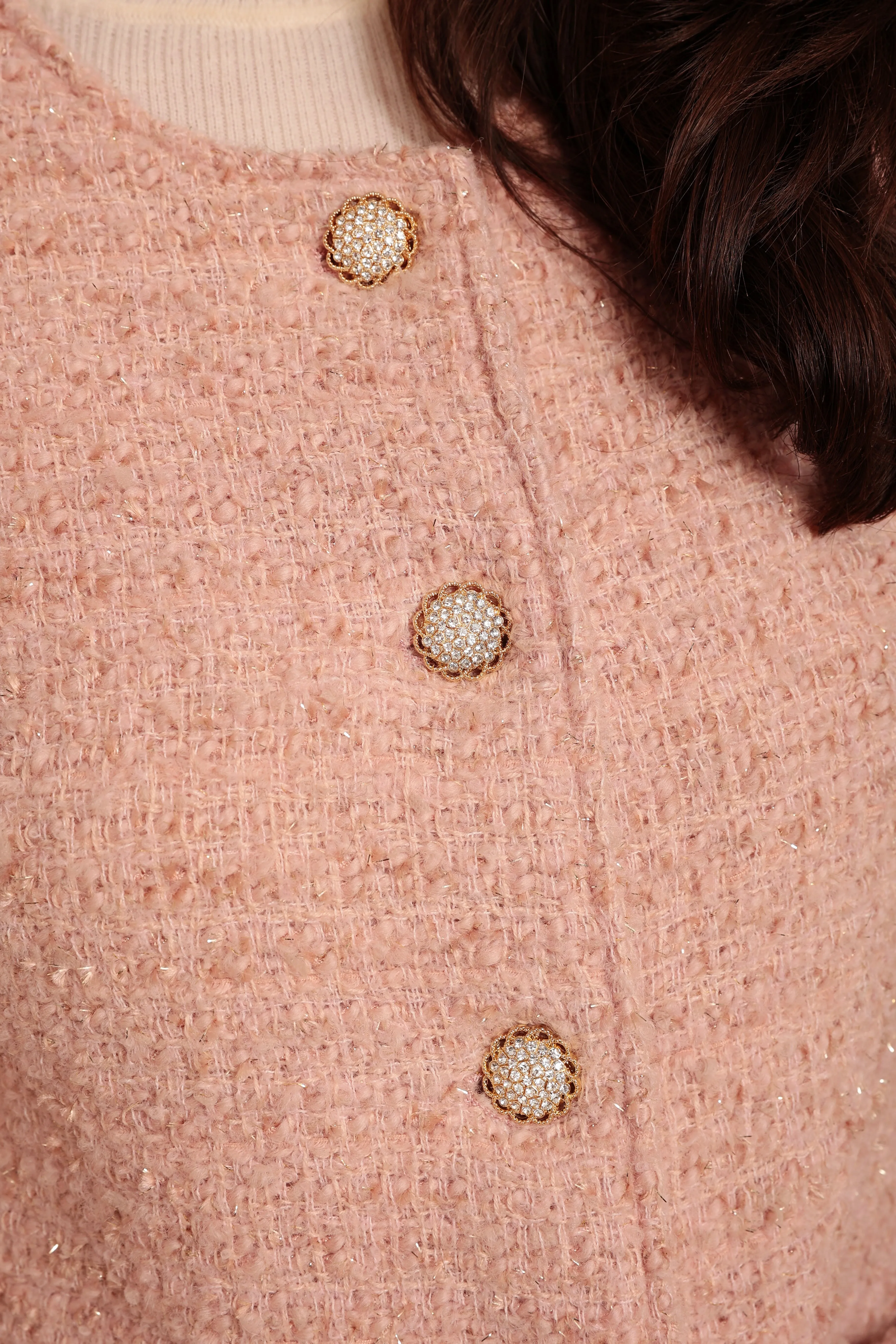 'Parisienne' Wool Tweed Blazer Coat with Faux Fur in Rosa