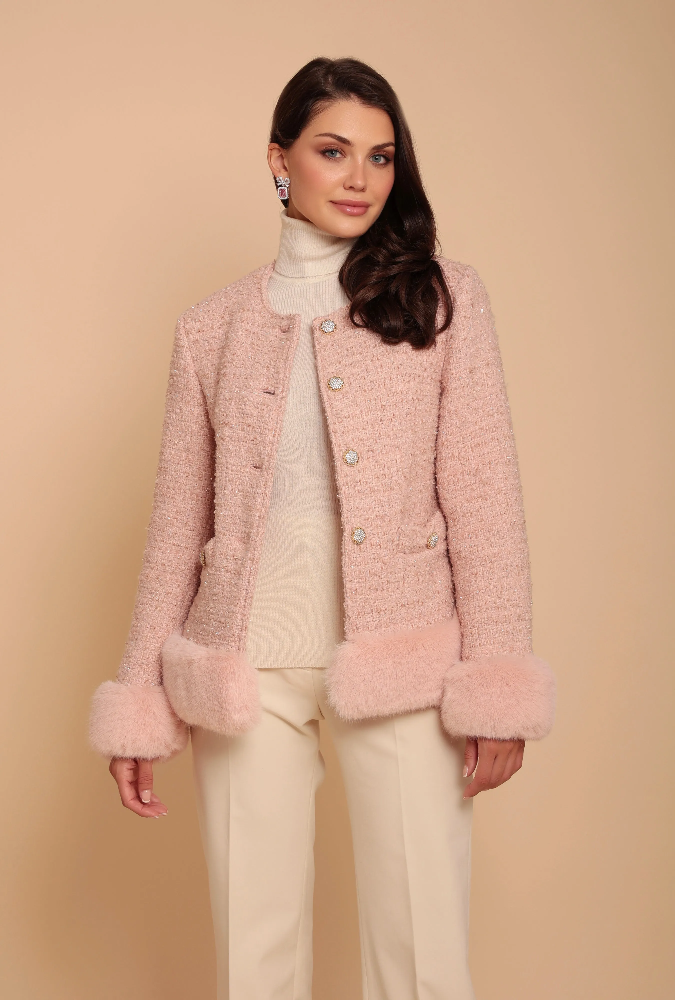 'Parisienne' Wool Tweed Blazer Coat with Faux Fur in Rosa