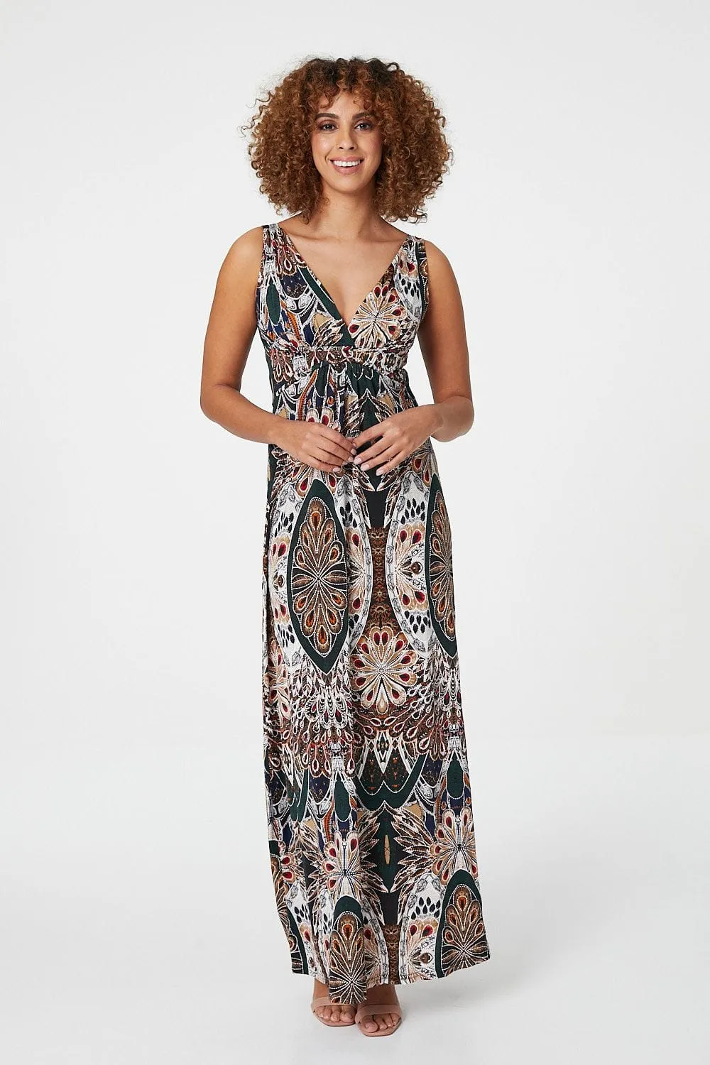 Peacock Print Sleeveless Maxi Dress