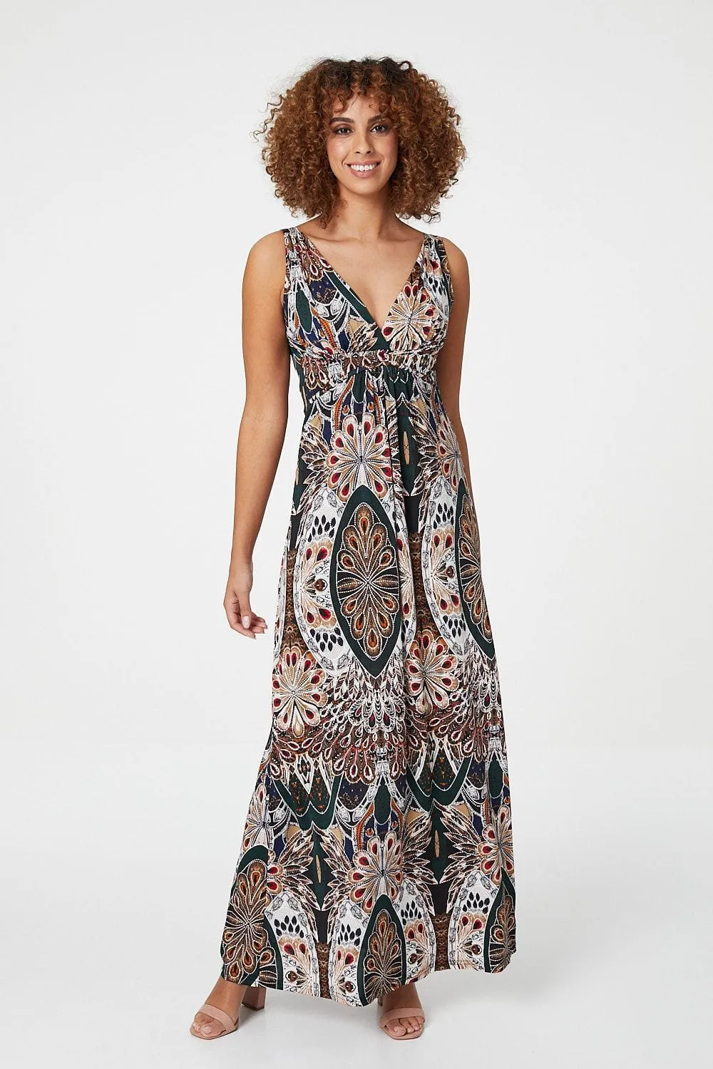 Peacock Print Sleeveless Maxi Dress