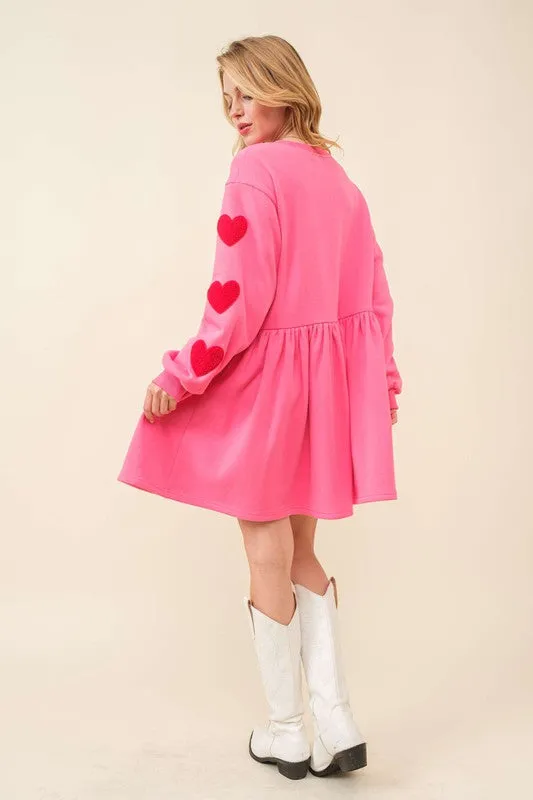 Pink Heart Patch Long Sleeve Babydoll Dress