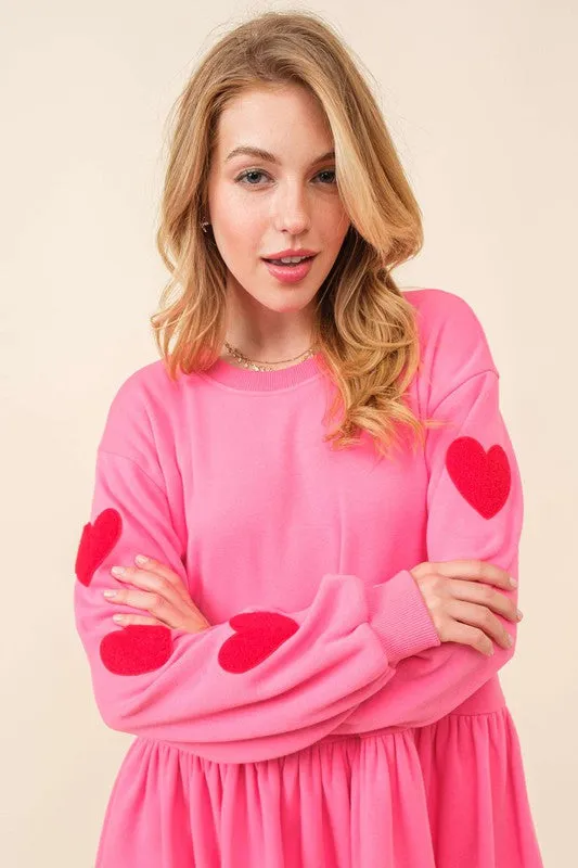 Pink Heart Patch Long Sleeve Babydoll Dress