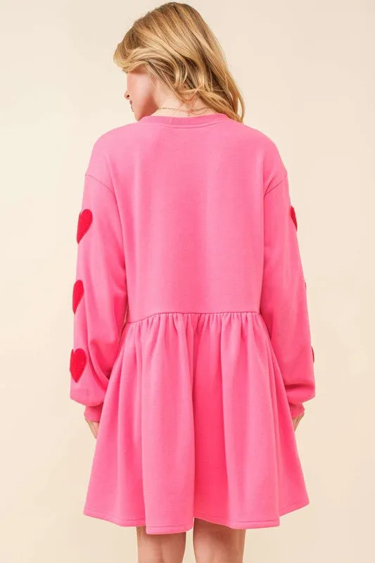 Pink Heart Patch Long Sleeve Babydoll Dress