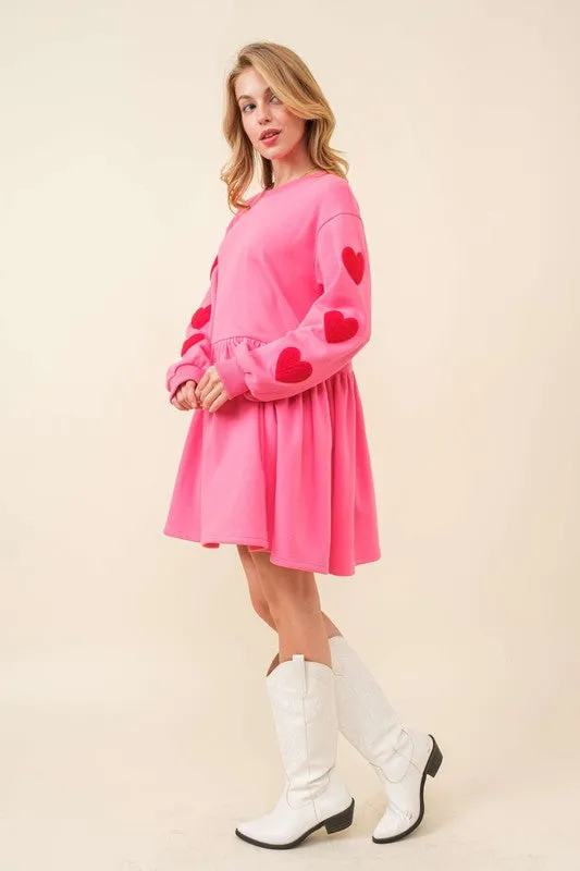 Pink Heart Patch Long Sleeve Babydoll Dress