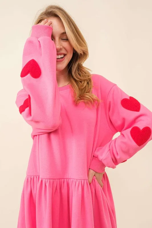 Pink Heart Patch Long Sleeve Babydoll Dress