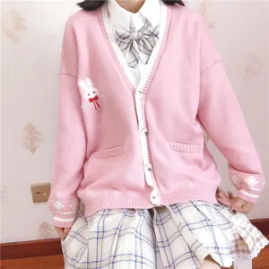 Pink Japanese Cherry Rabbit Knit Cardigan Sweater