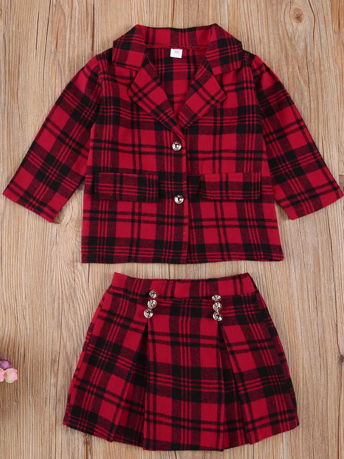 Plaid Pleated Princess Blazer And Skirt Set