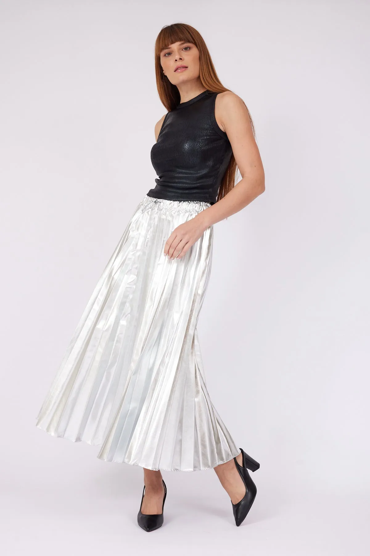 Pleated METALLIC SILVER LONG SKIRT