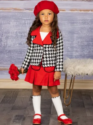 Posh And Preppy Houndstooth Blazer And Pleated Skirt Set