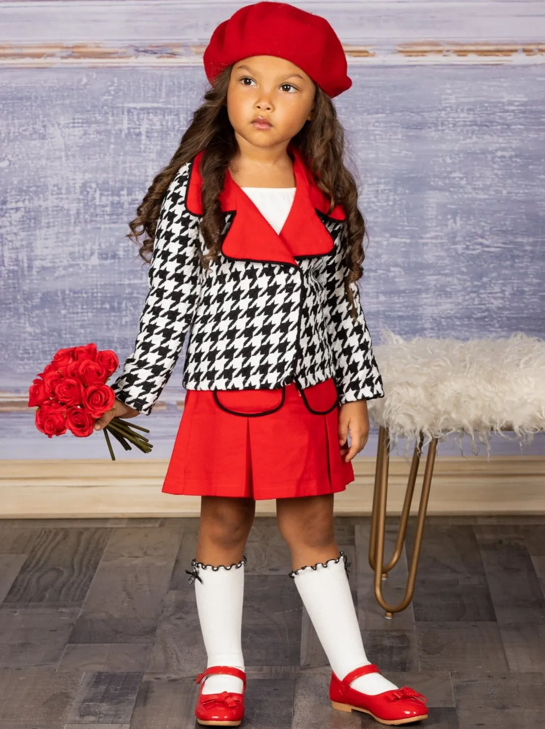 Posh And Preppy Houndstooth Blazer And Pleated Skirt Set