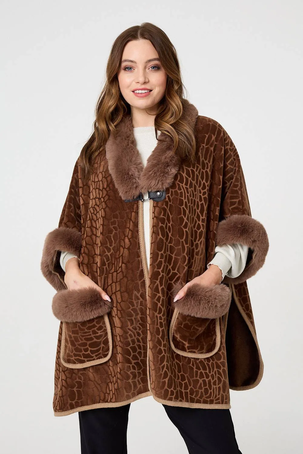 Printed Faux Fur Trim Cape Coat