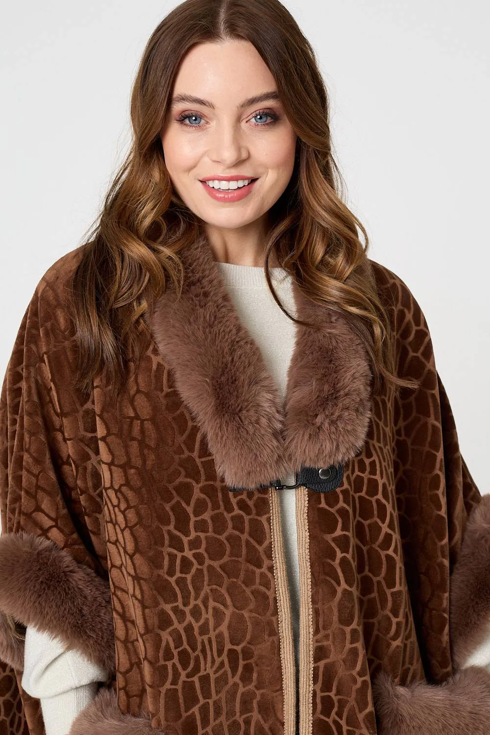 Printed Faux Fur Trim Cape Coat