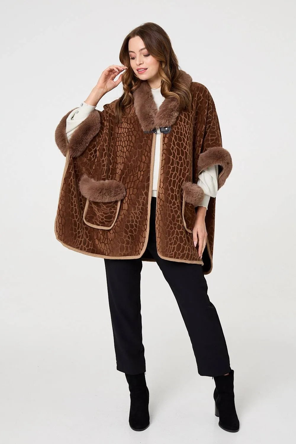 Printed Faux Fur Trim Cape Coat