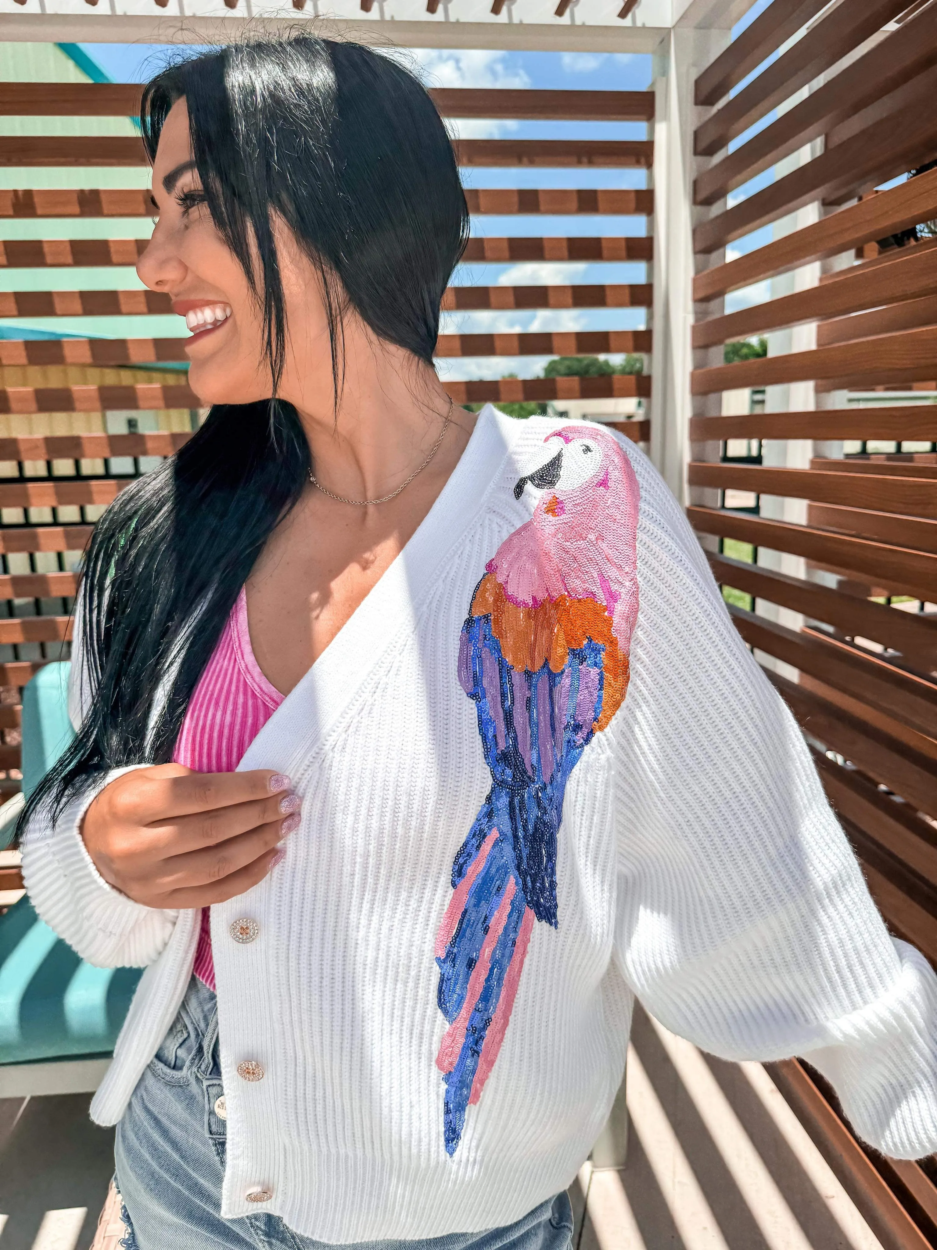 Queen Of Sparkles White Parrot Cardigan