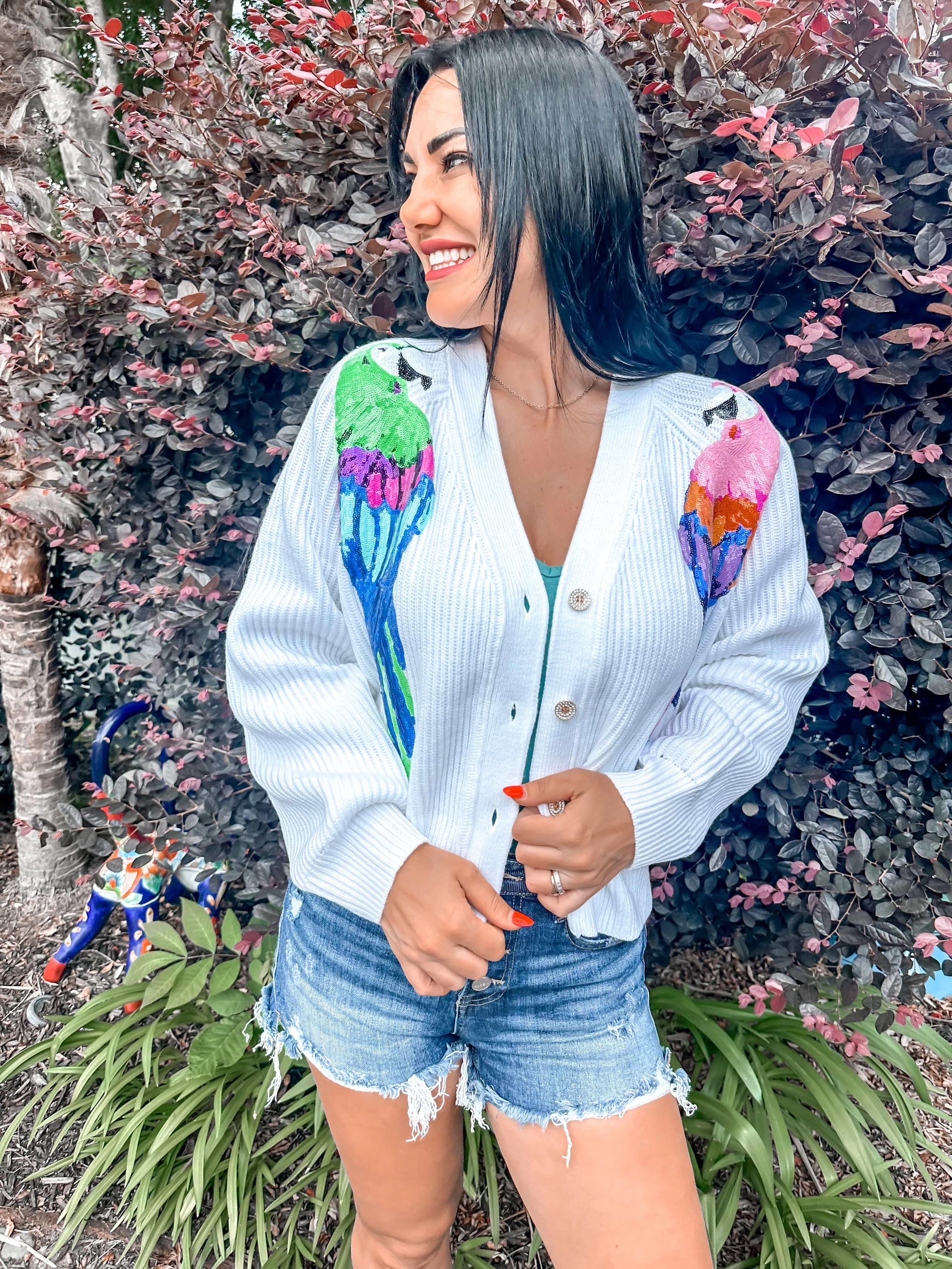 Queen Of Sparkles White Parrot Cardigan