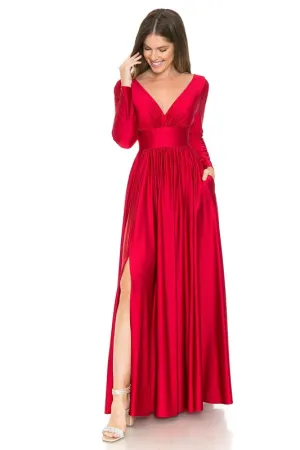 Red Long Sleeve Ruched Top Shiny Pocketed Formal Dress