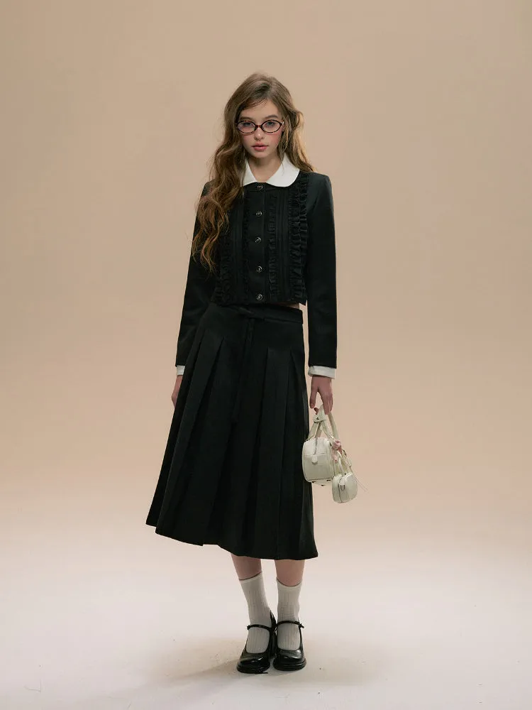 Ruffle Trim Woolen Coat & Pleated Skirt Set