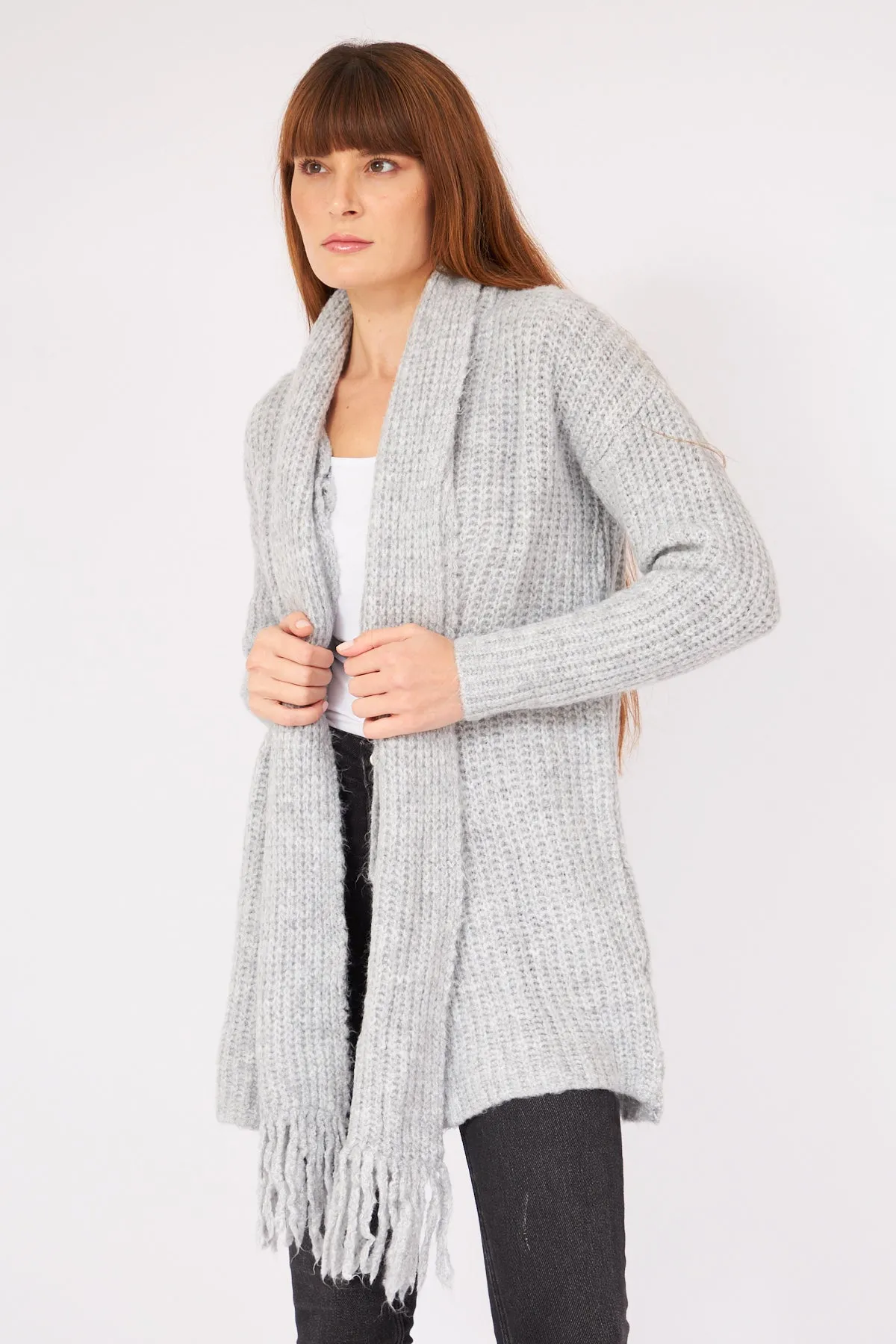 SHAWL COLLAR TIE KNIT CARDIGAN – GRAY