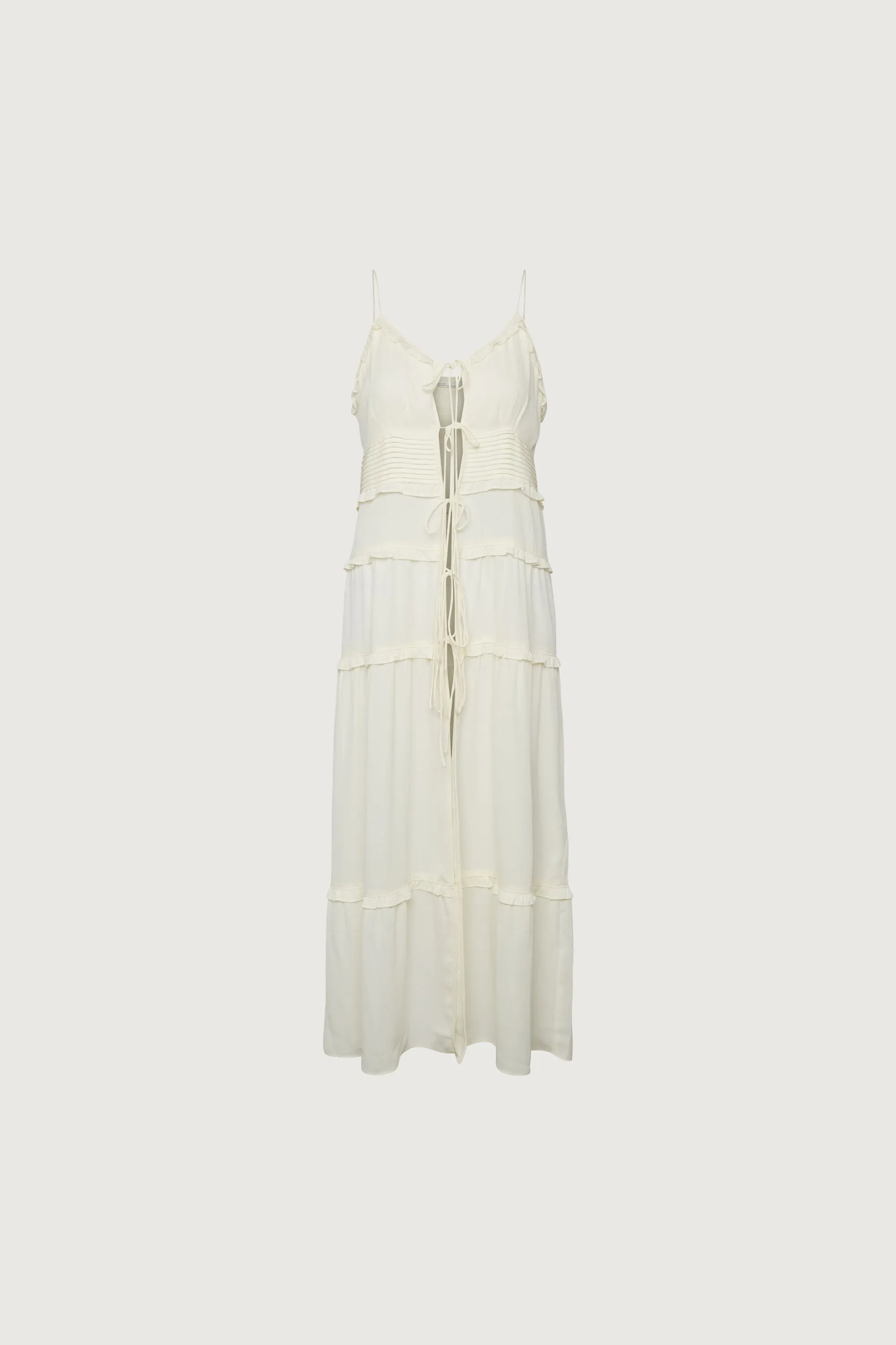 SHEER TIE-FRONT TIERED MIDI DRESS