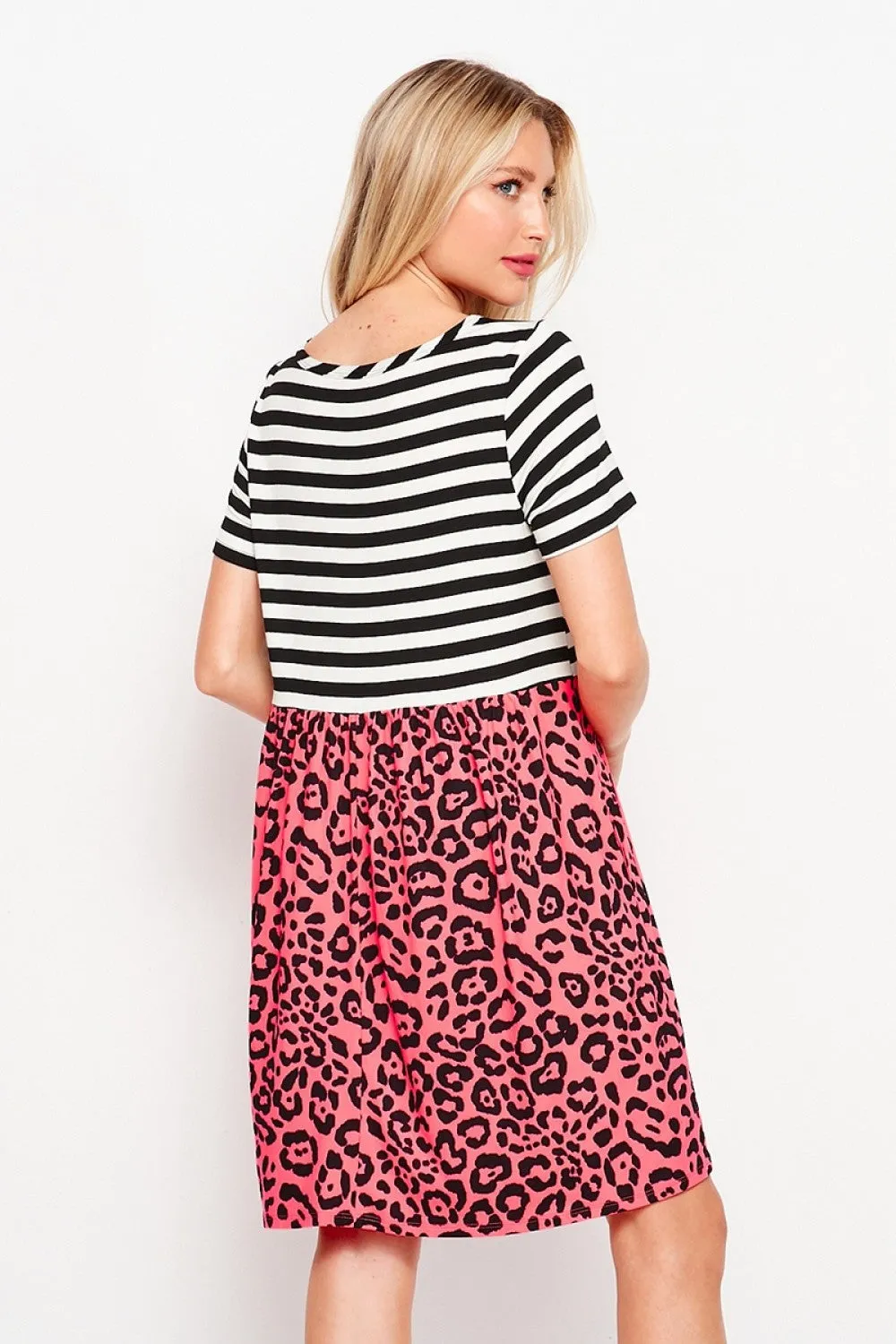 Short Sleeve Stripe and Animal Print Dress