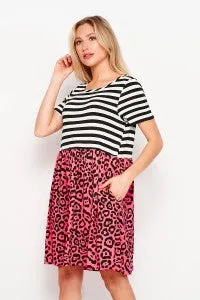 Short Sleeve Stripe and Animal Print Dress