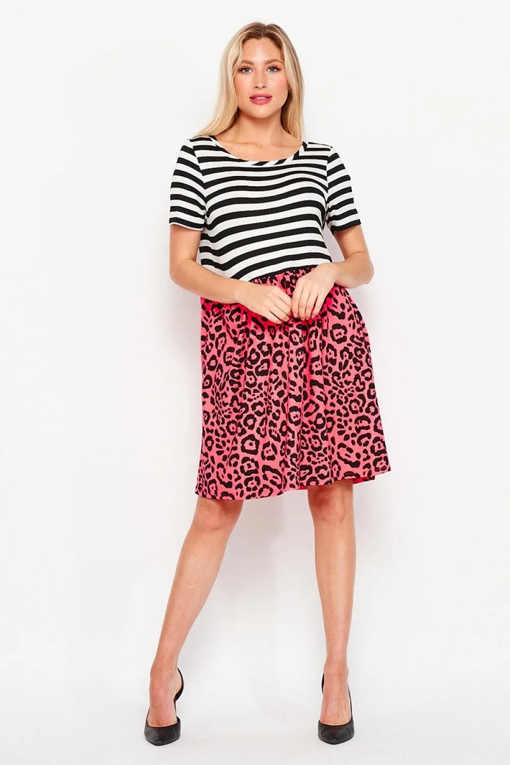 Short Sleeve Stripe and Animal Print Dress