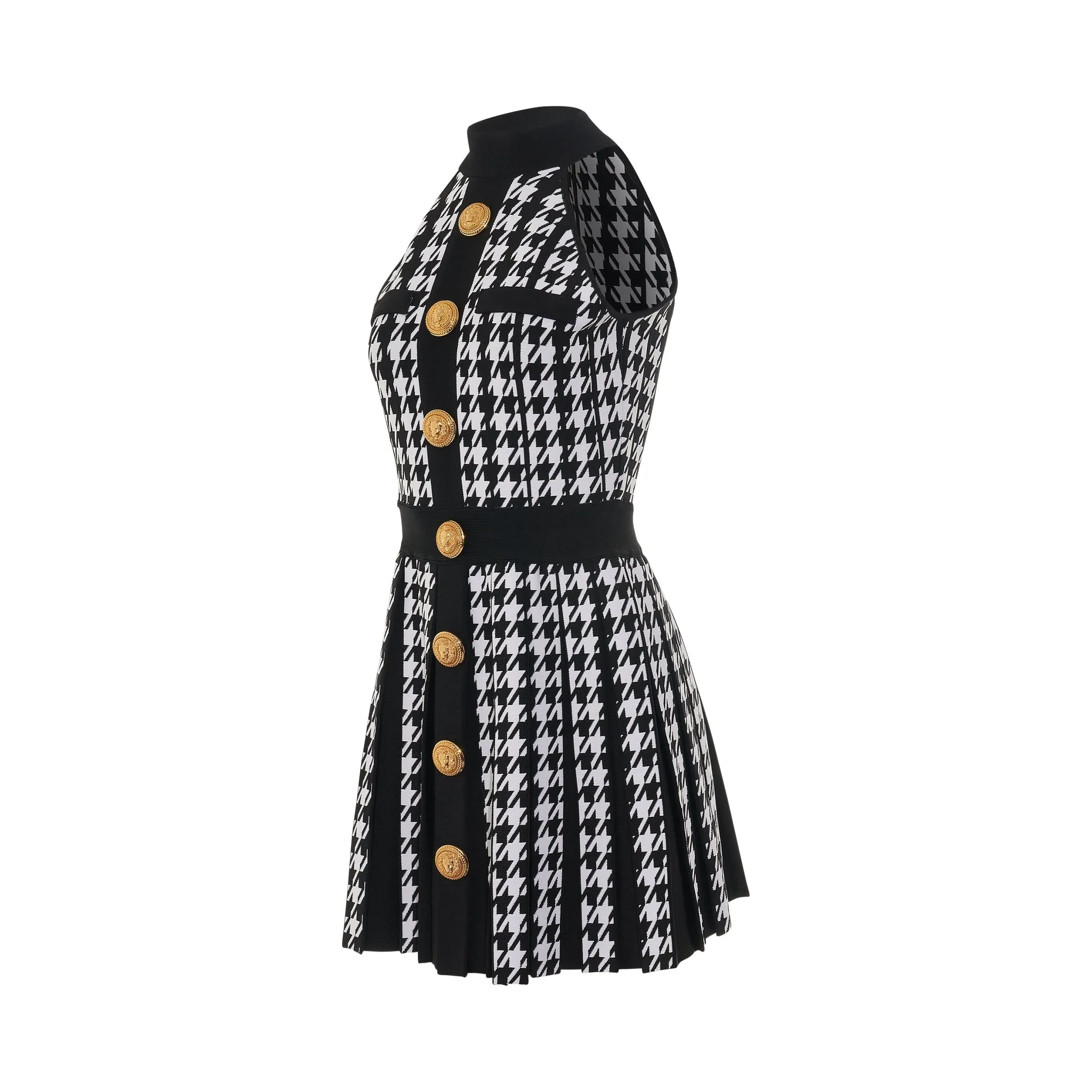 Sleeveless Houndstooth Pleated Dress in Black/White