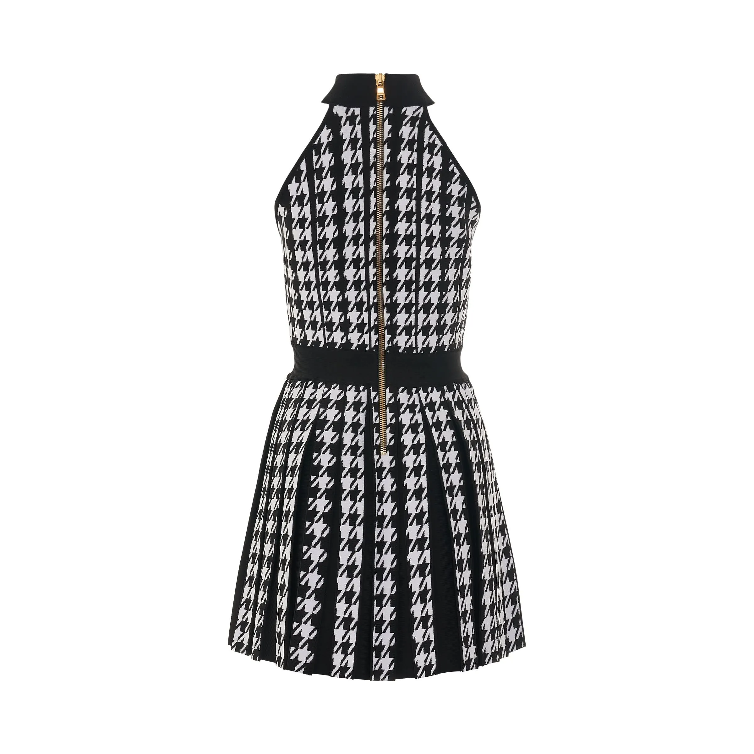 Sleeveless Houndstooth Pleated Dress in Black/White