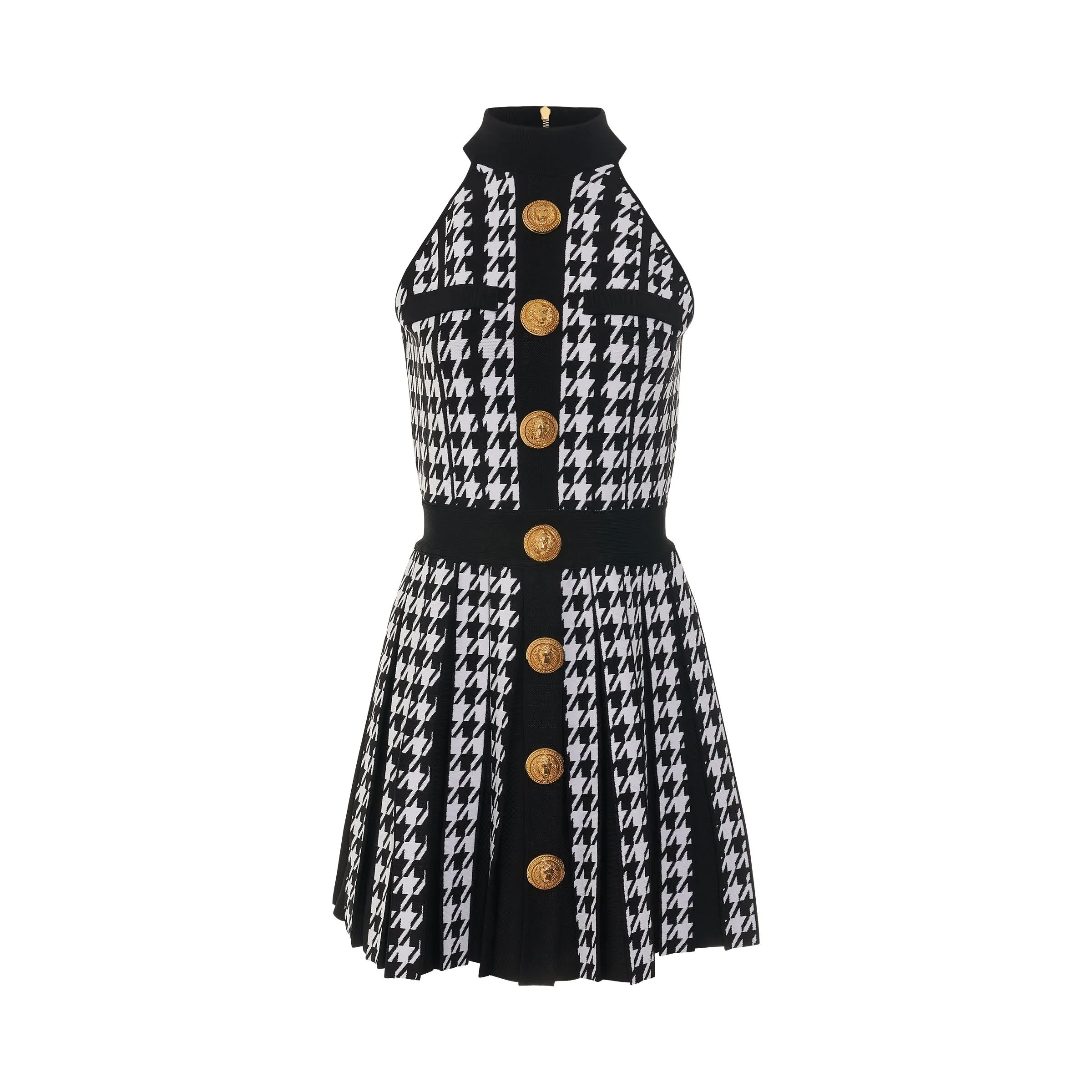 Sleeveless Houndstooth Pleated Dress in Black/White