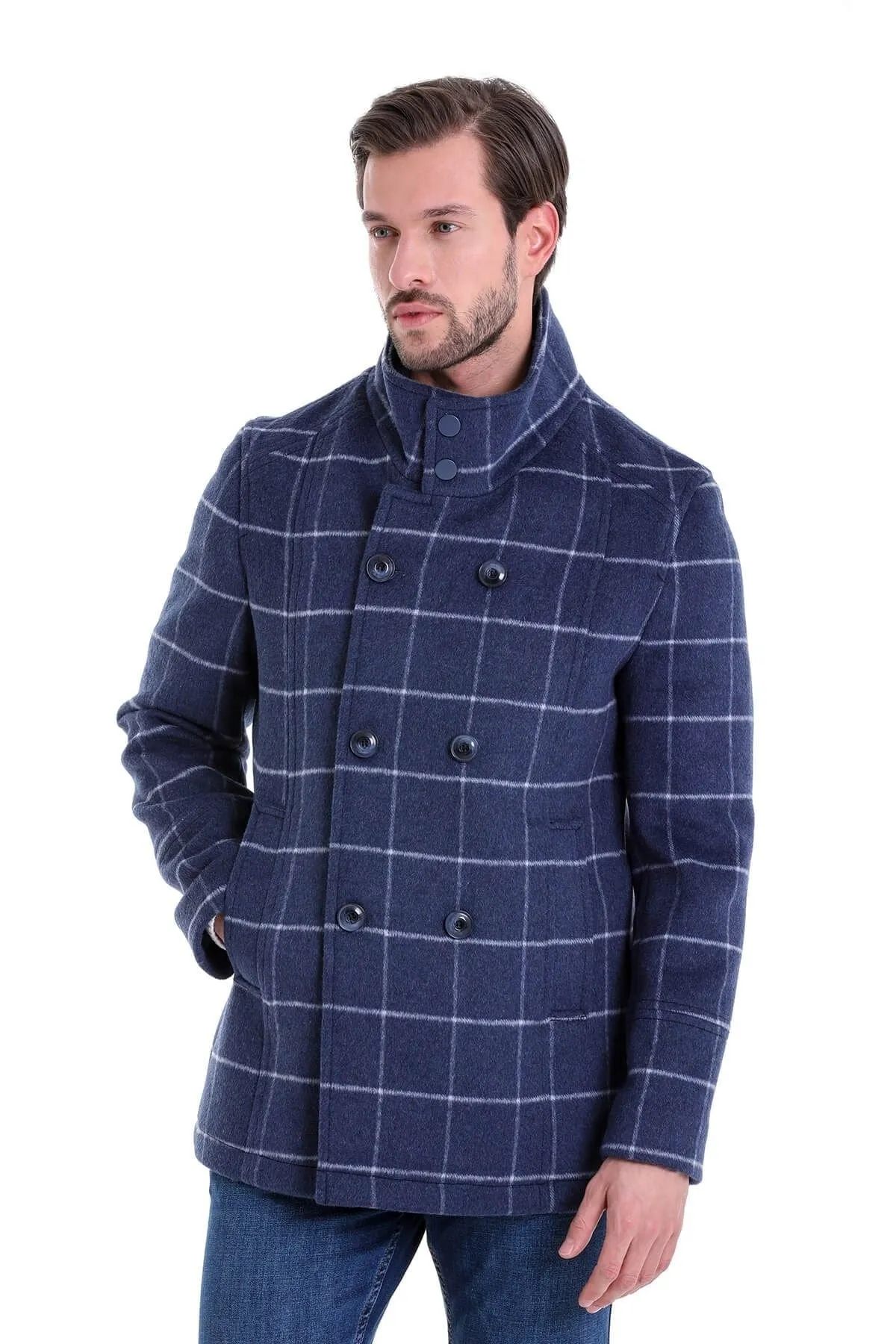 Slim Fit Double Breasted Light Navy Wool Blend Coat