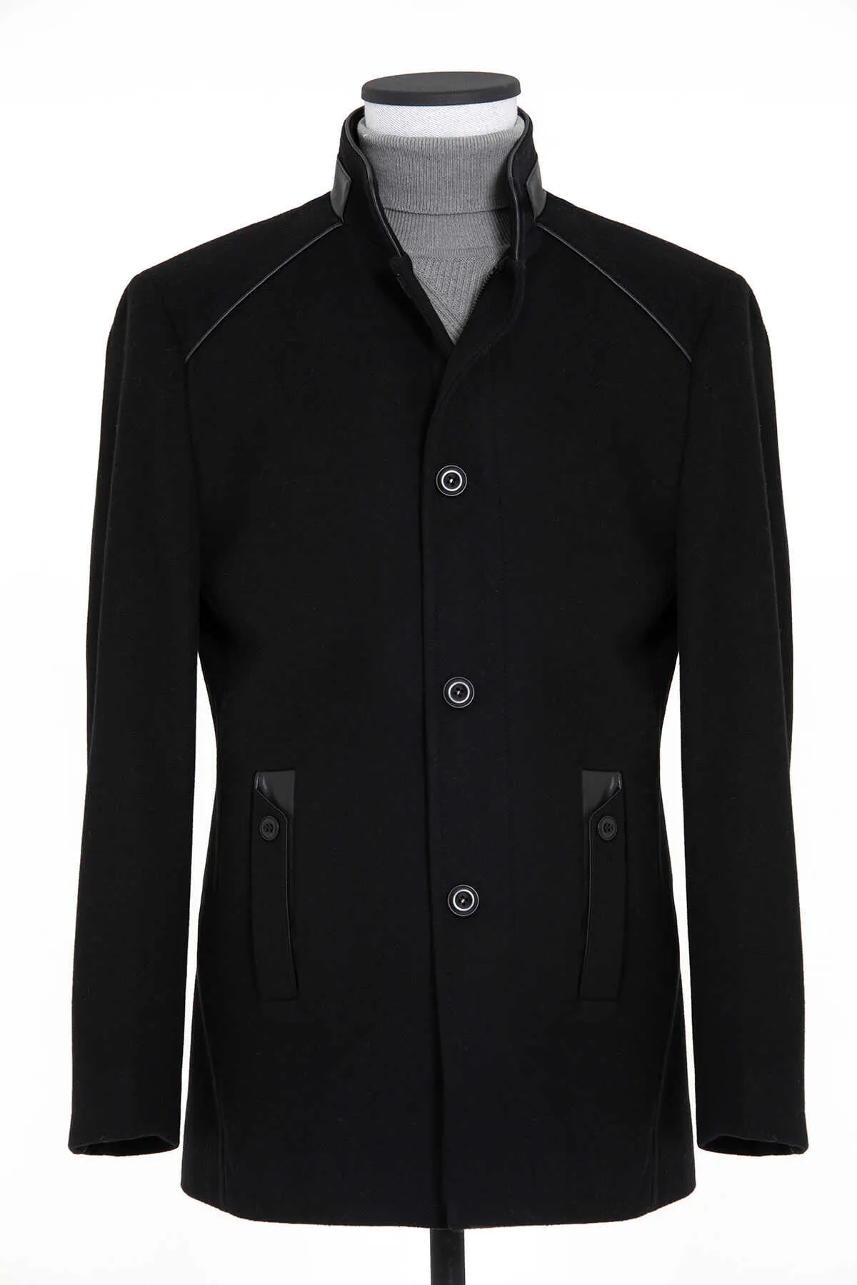 Slim Fit Notch Lapel Wool Navy Overcoat, Black