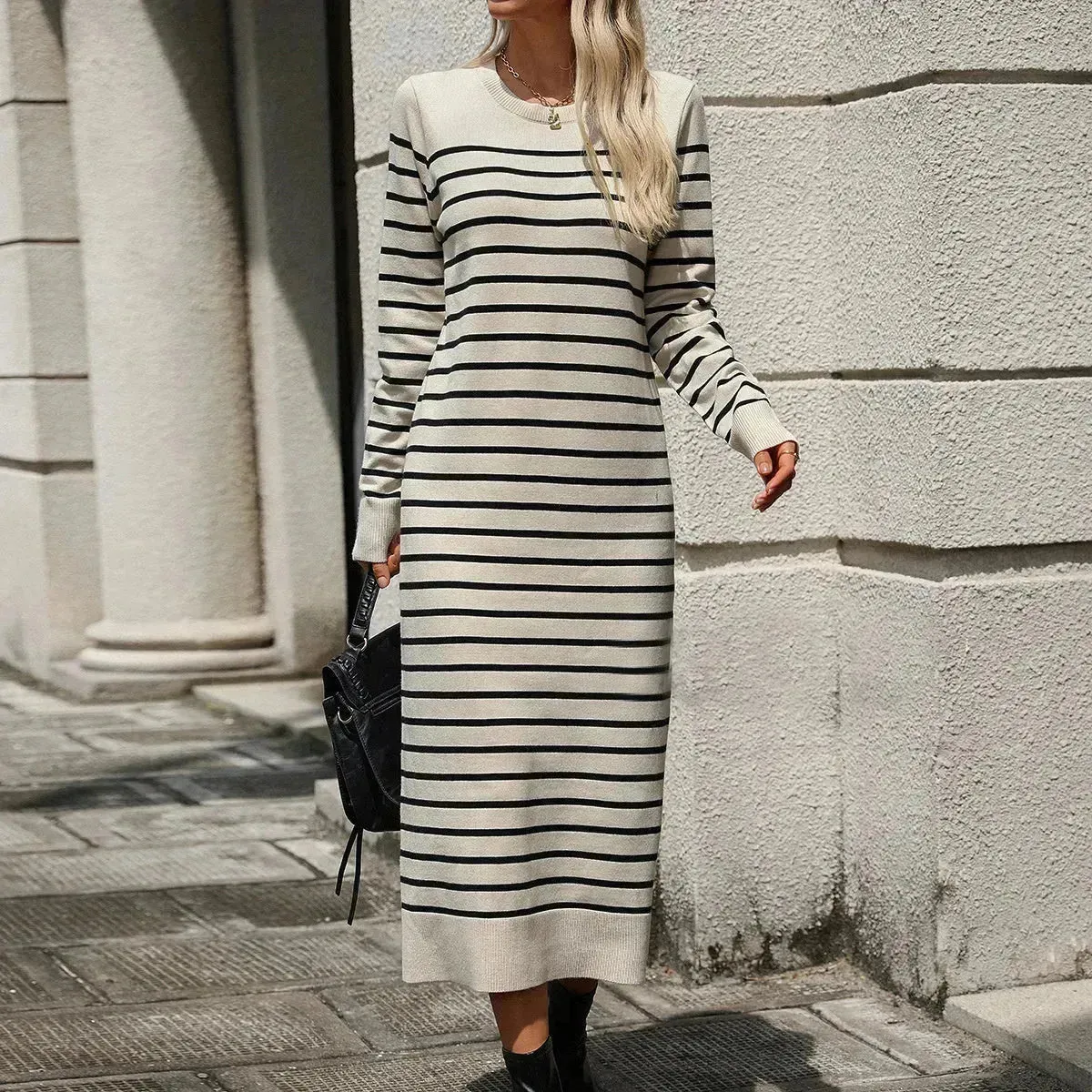 Slim Striped Printed Long Cashmere Dress  Autumn And Winter Long Sleeve Dresses For Women