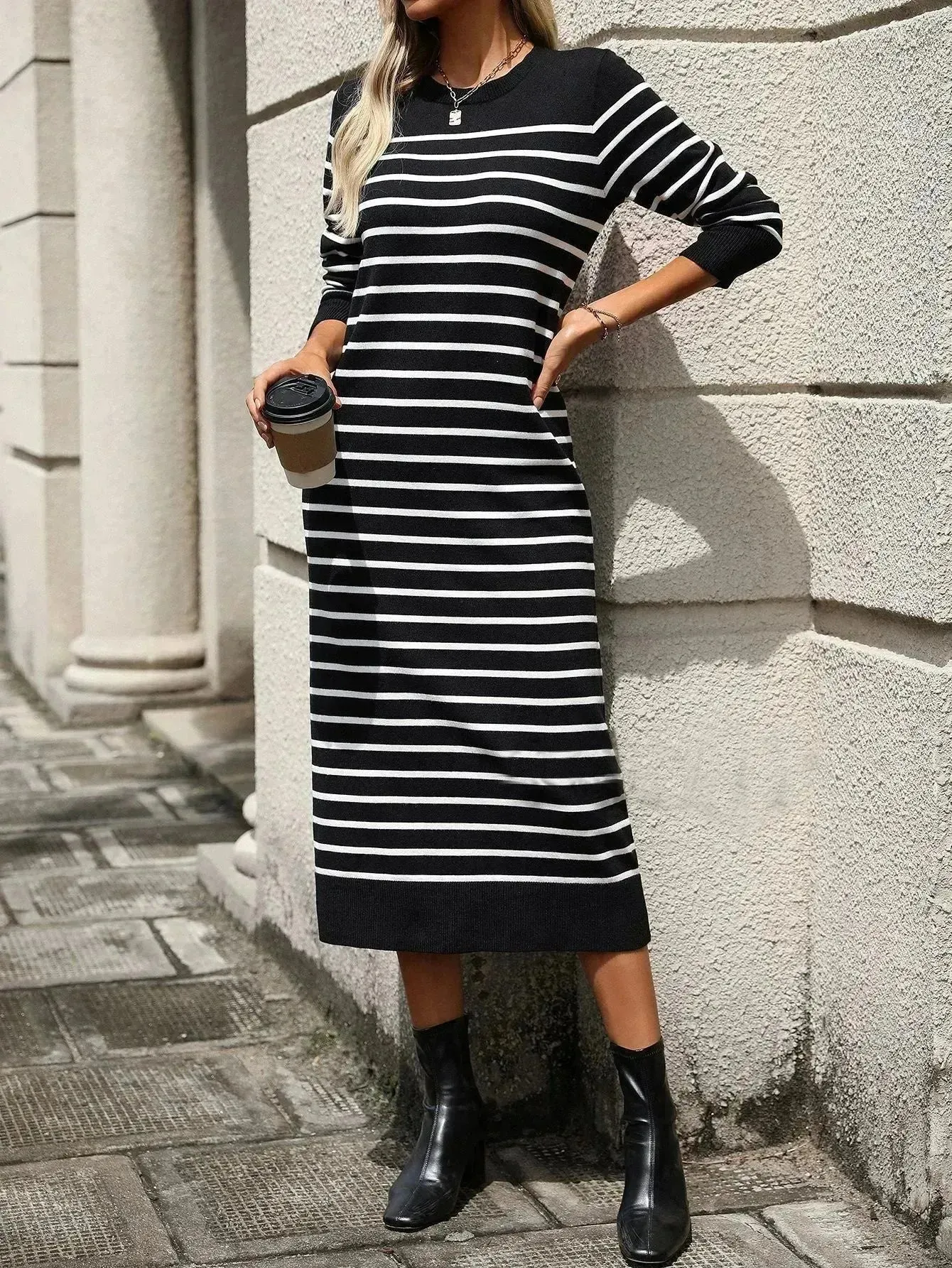 Slim Striped Printed Long Cashmere Dress  Autumn And Winter Long Sleeve Dresses For Women