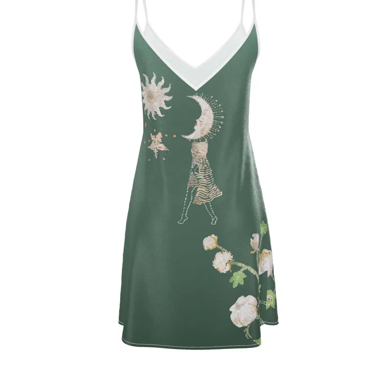 Sustainable Silk Slip Dress in Jungle Butterfly Green